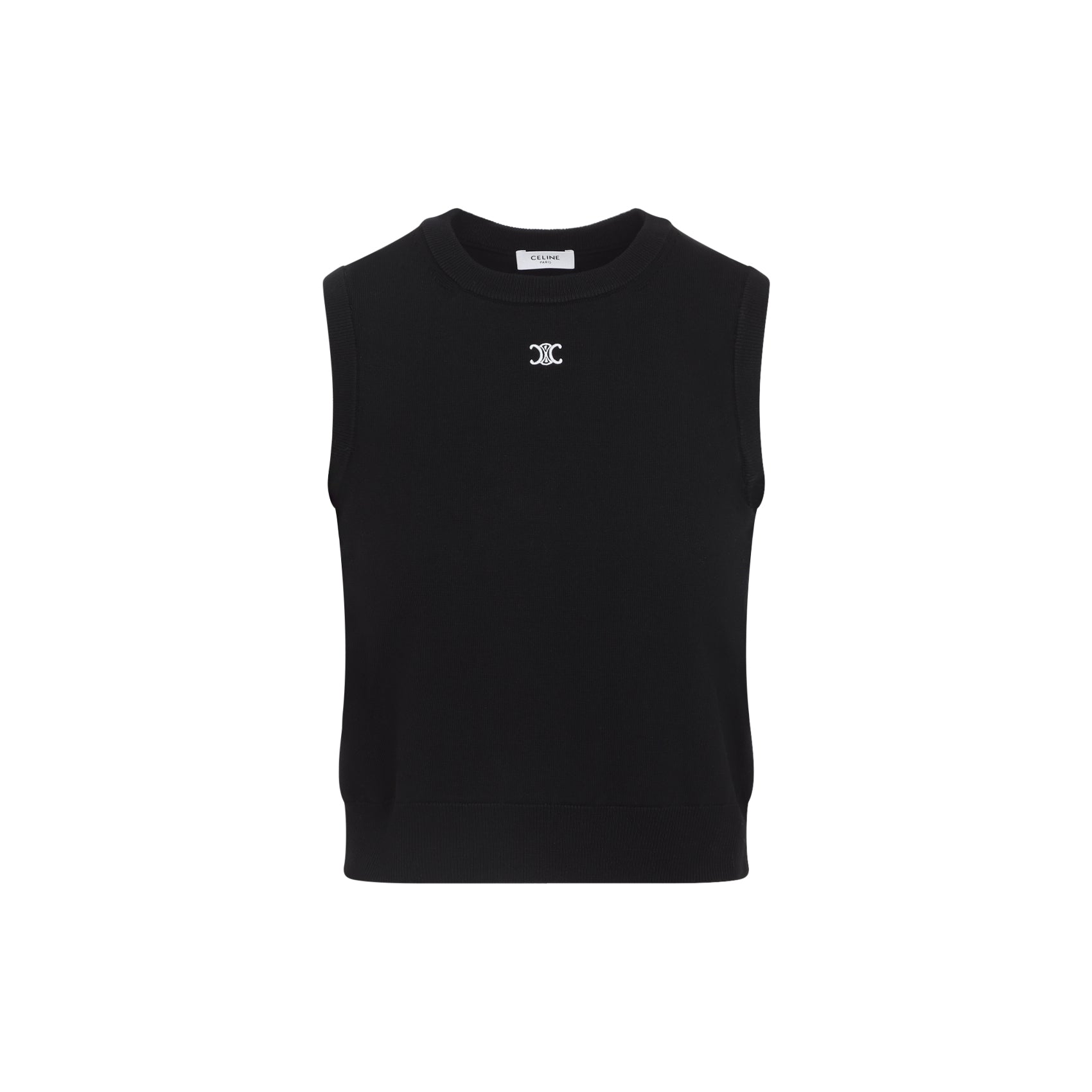 Black Celine sleeveless wool top with mini logo patch, detail view