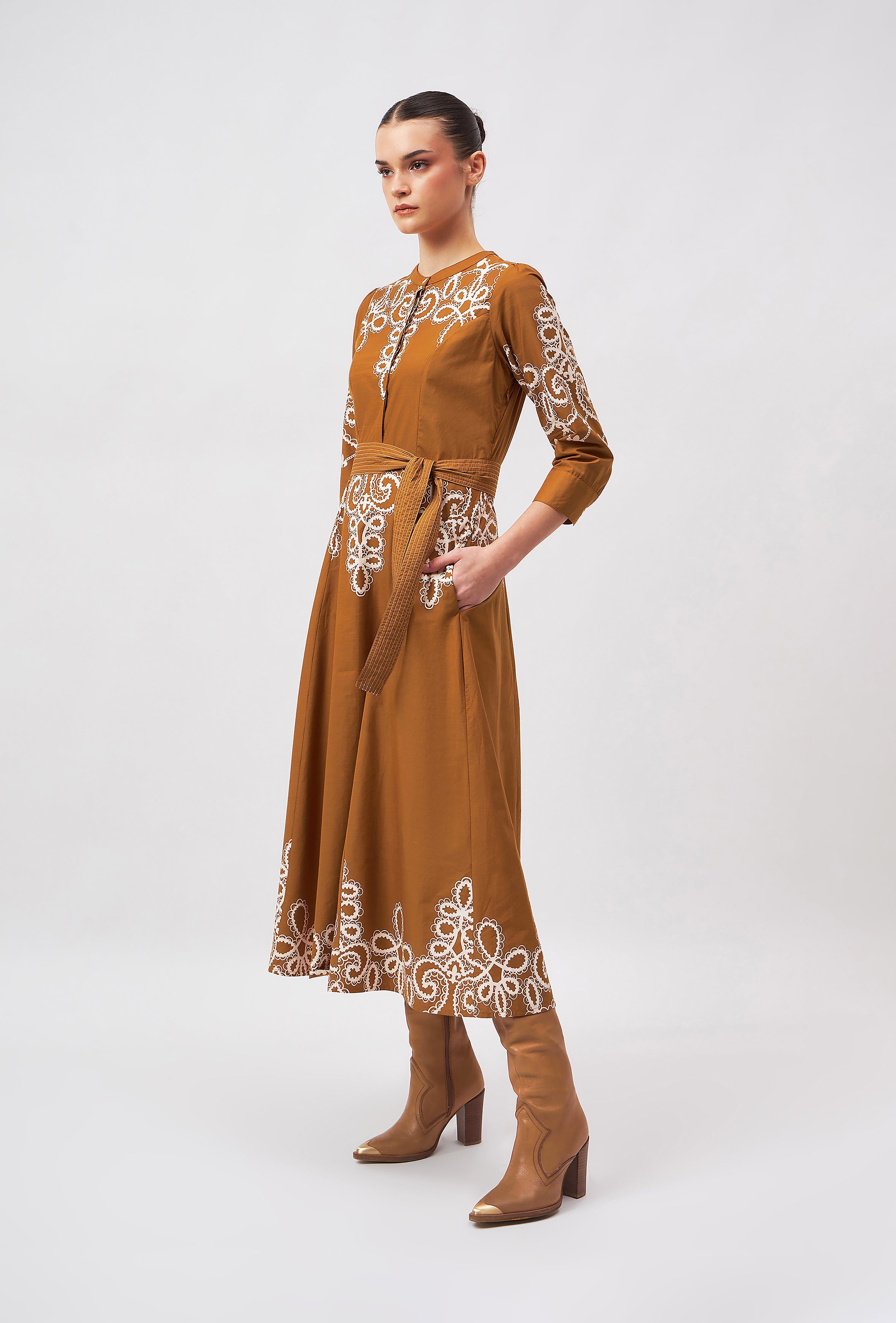 Beyond by Vera midi dress showing long sleeves and embroidered pattern detail