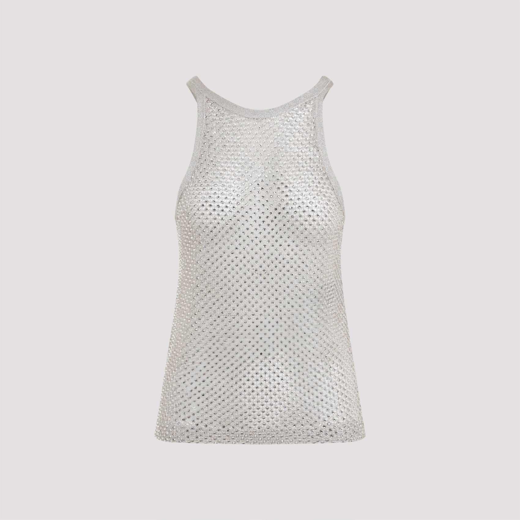 Beige Tom Ford rhinestone halter top with ribbed edges, back view