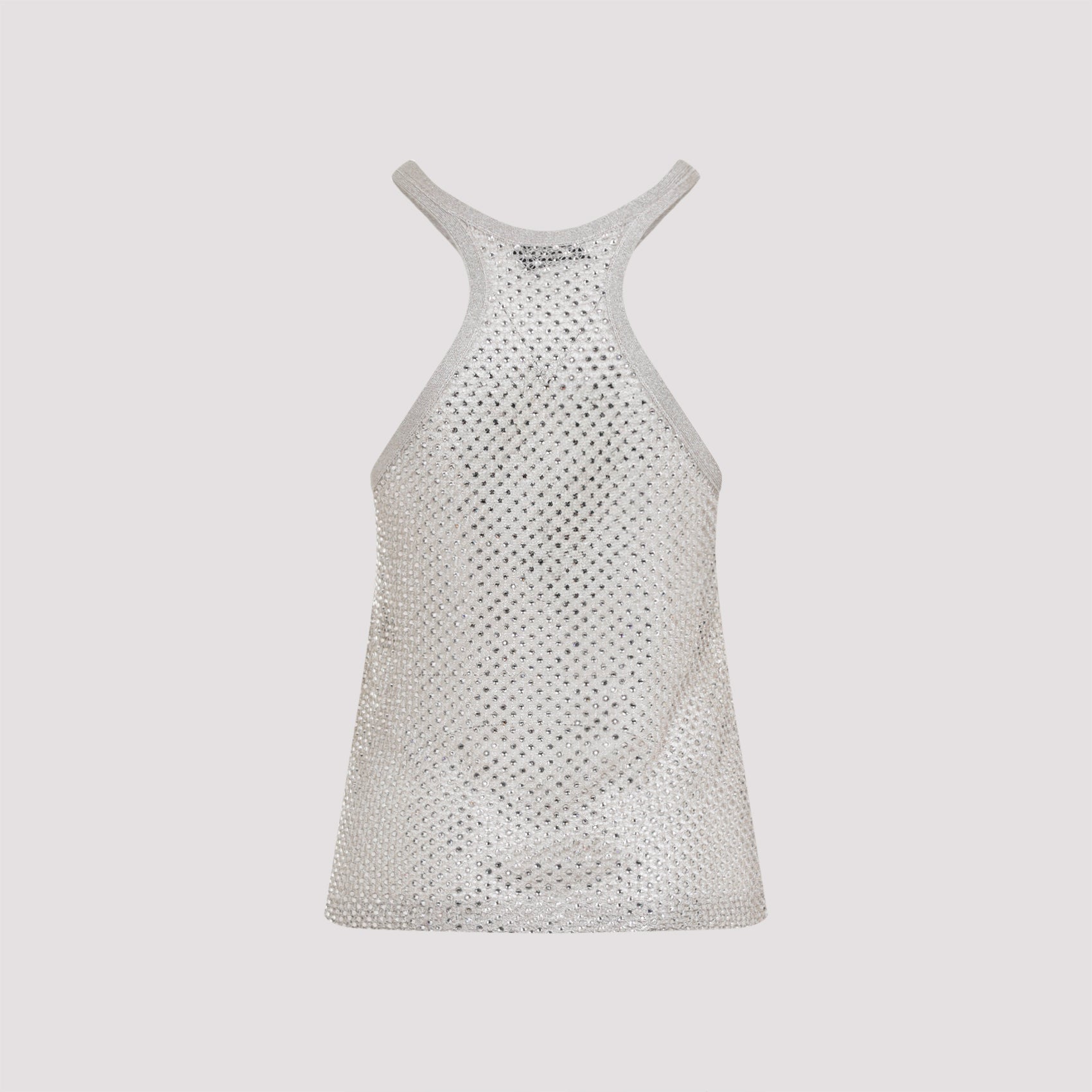 Tom Ford beige knit top showing rhinestone detail and lurex threading