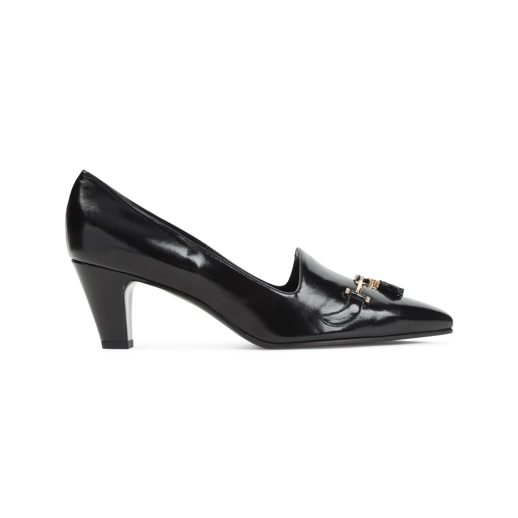 Black Celine Queen Pumps with pointed toe and slanted heel, front angle