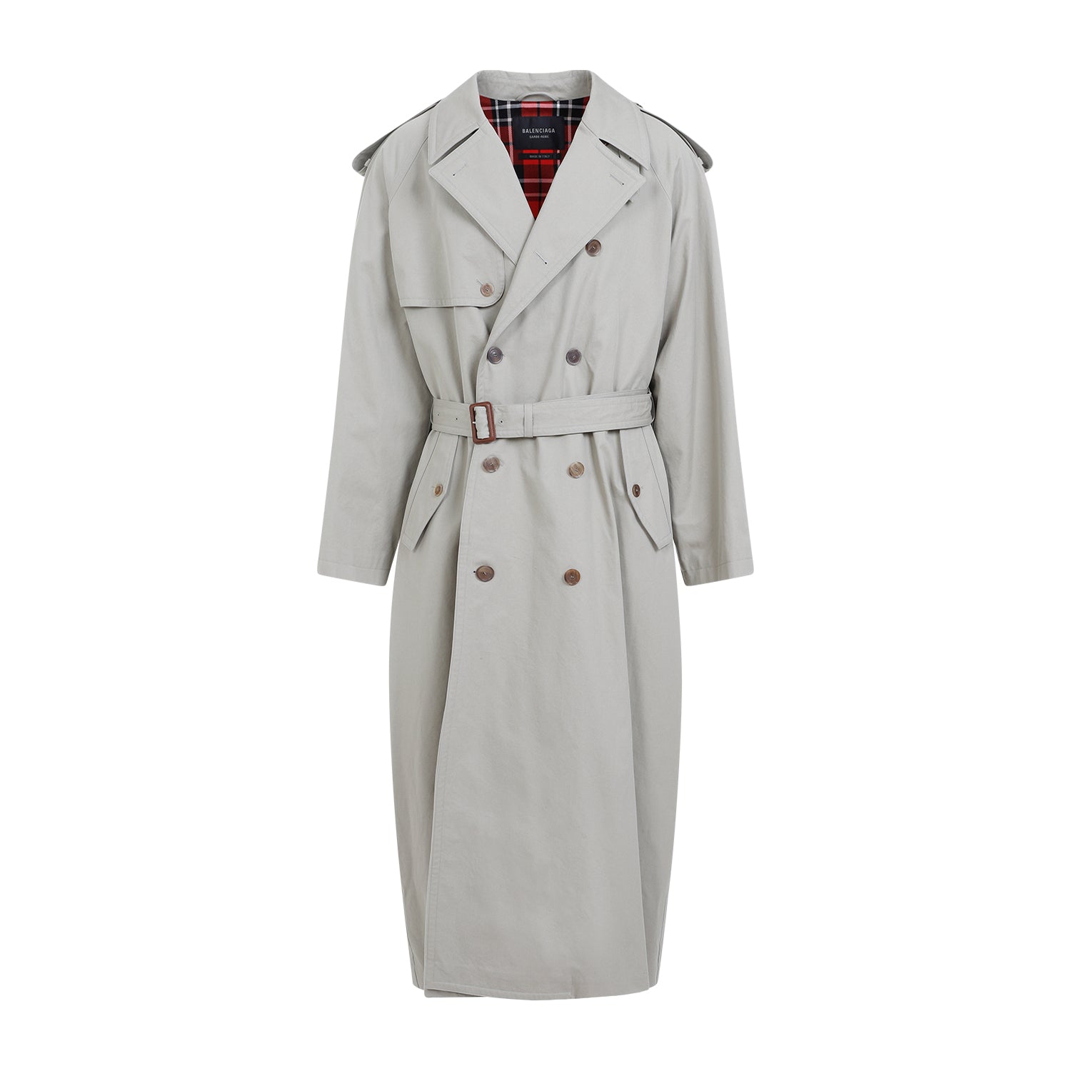 Beige Balenciaga military coat with notched collar and tonal belt, front detail by Balenciaga