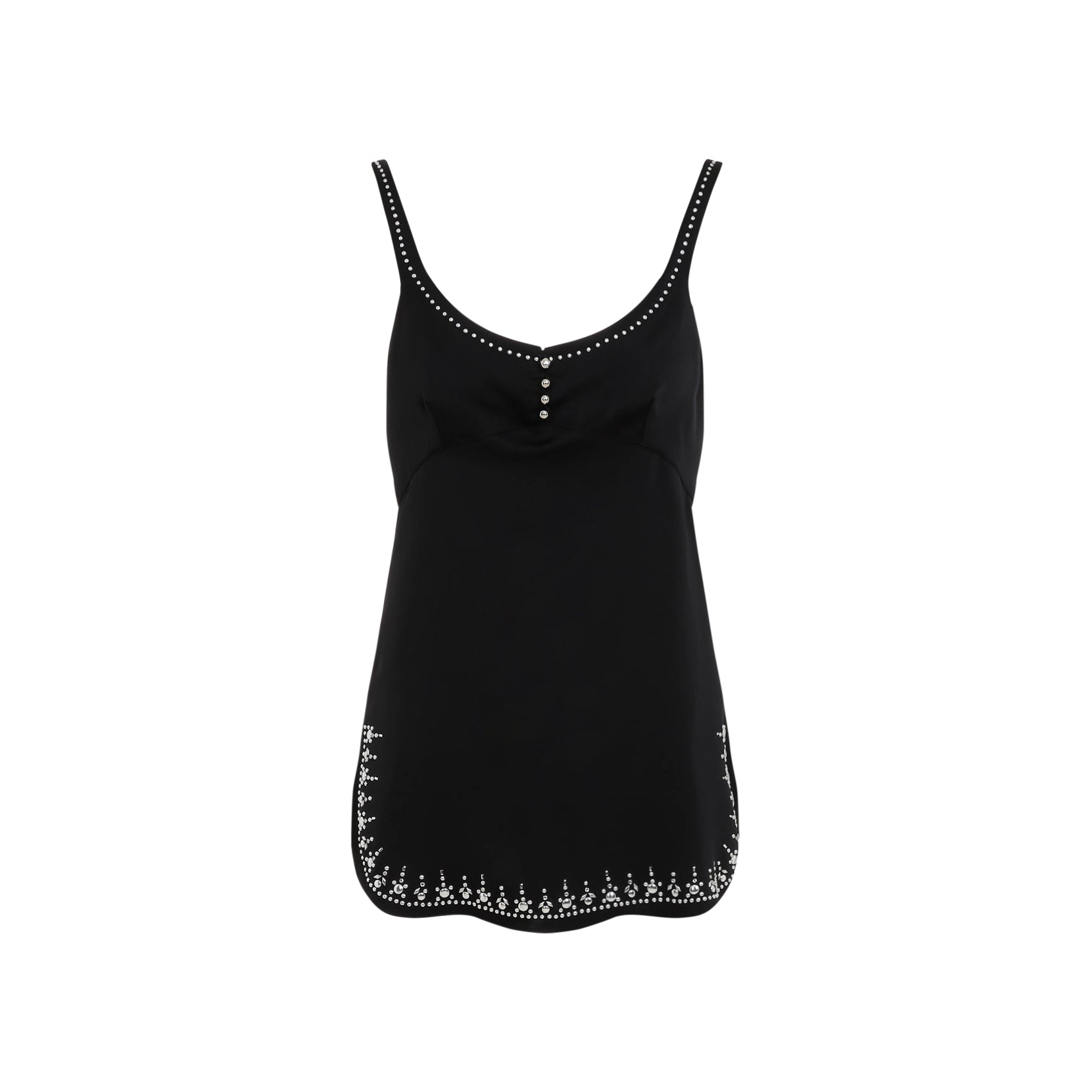 Black Rabanne mini dress with asymmetric hem, side view by Rabanne
