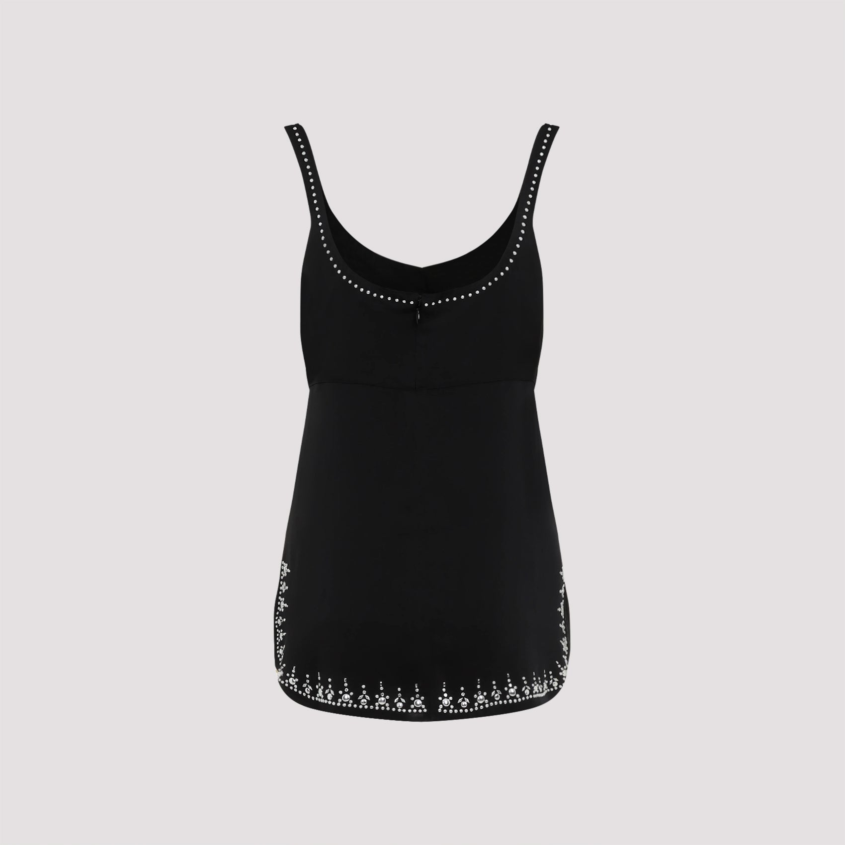 Black Rabanne mini dress with thin shoulder straps, detail view by Rabanne