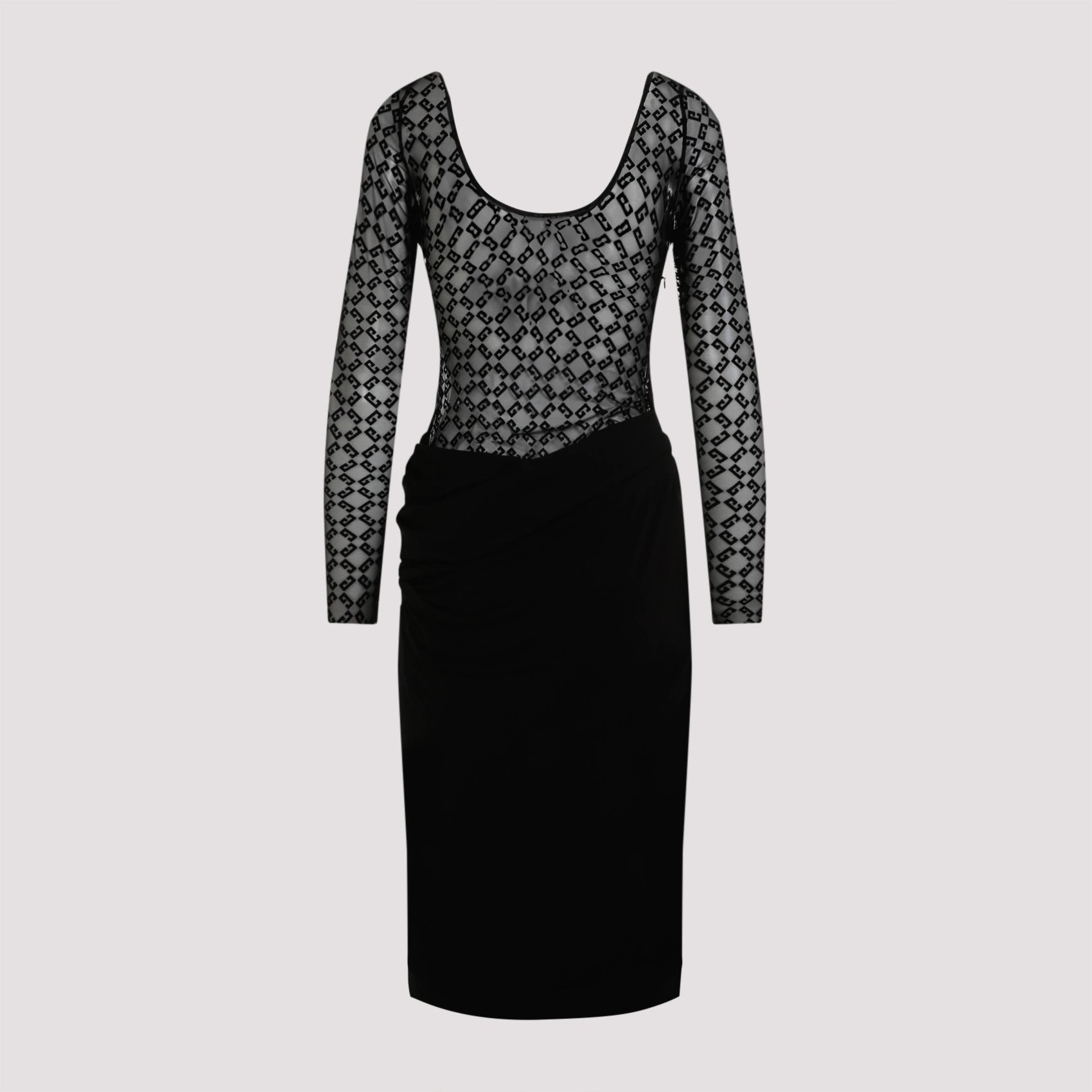 Black Givenchy midi dress showing transparent logo bodice, close-up