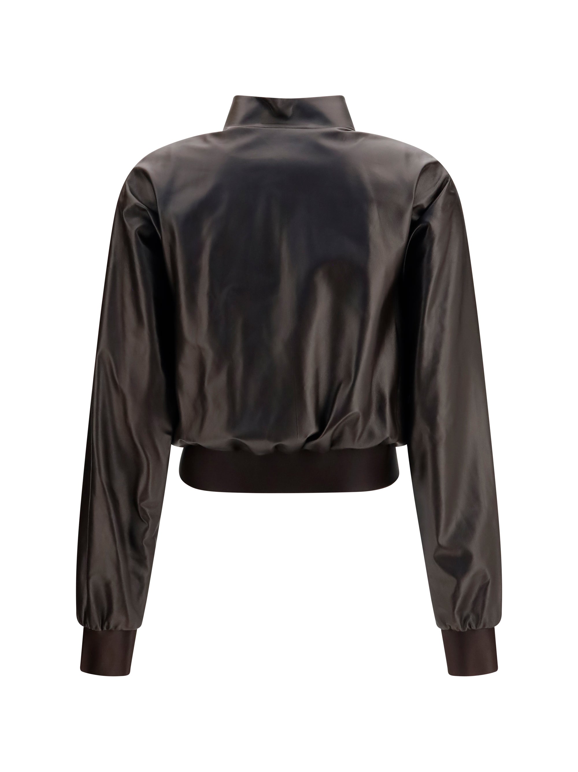 Dark chocolate Gucci bomber jacket with satin-effect trims, detail view