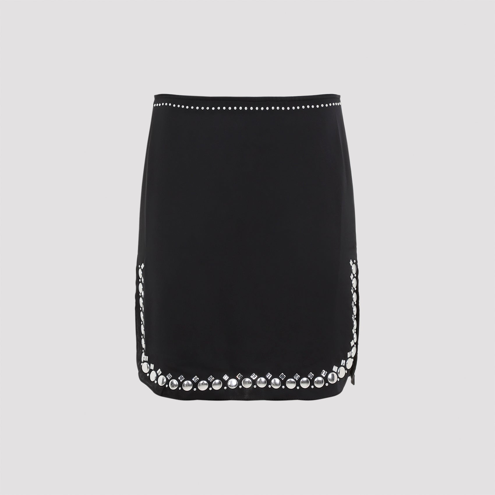 Black Rabanne mini skirt with studded sequin trim, front view