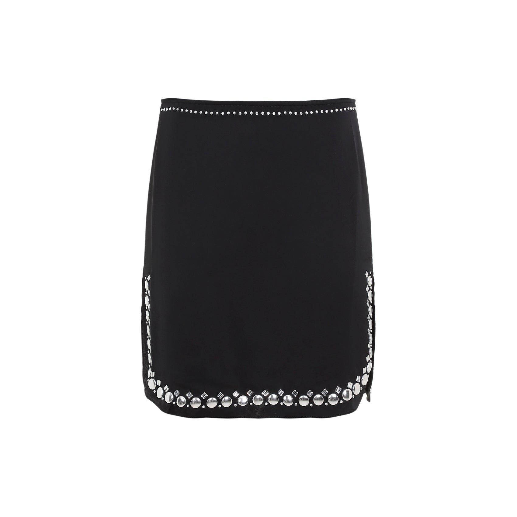 Black Rabanne mini skirt with asymmetric hem, side view