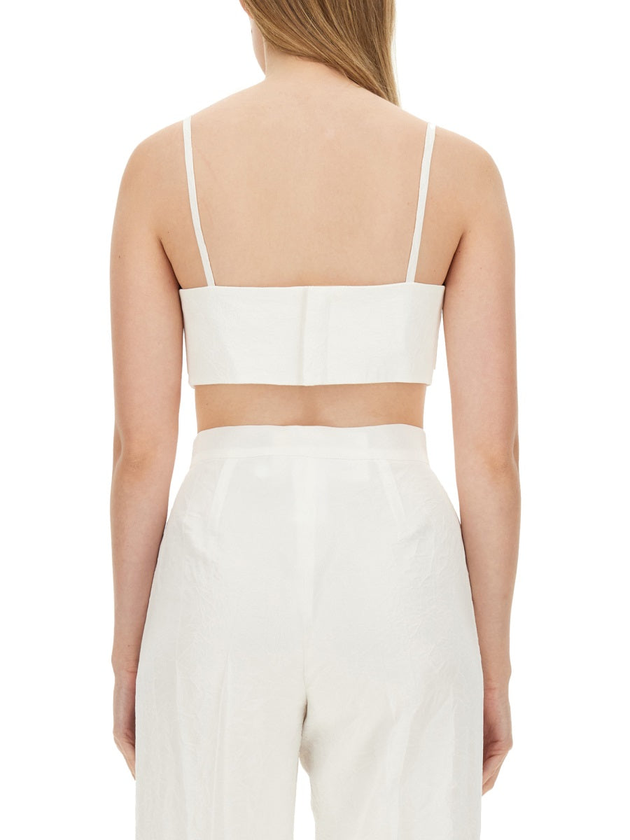 White acetate sleeveless crop top by Max Mara, side detail view