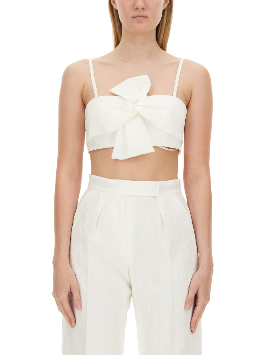 White acetate sleeveless crop top with sweetheart neckline by Max Mara, front view
