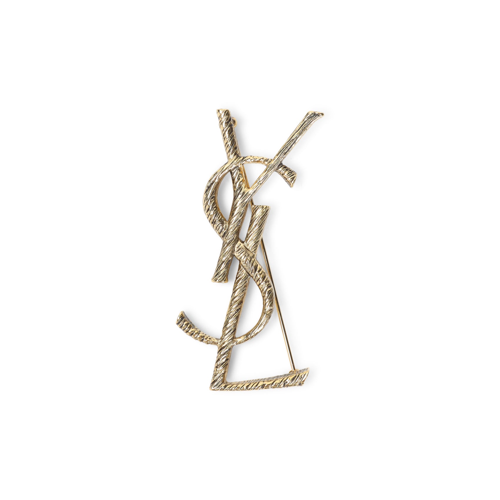 Saint Laurent brass brooch with aged finish, angled view