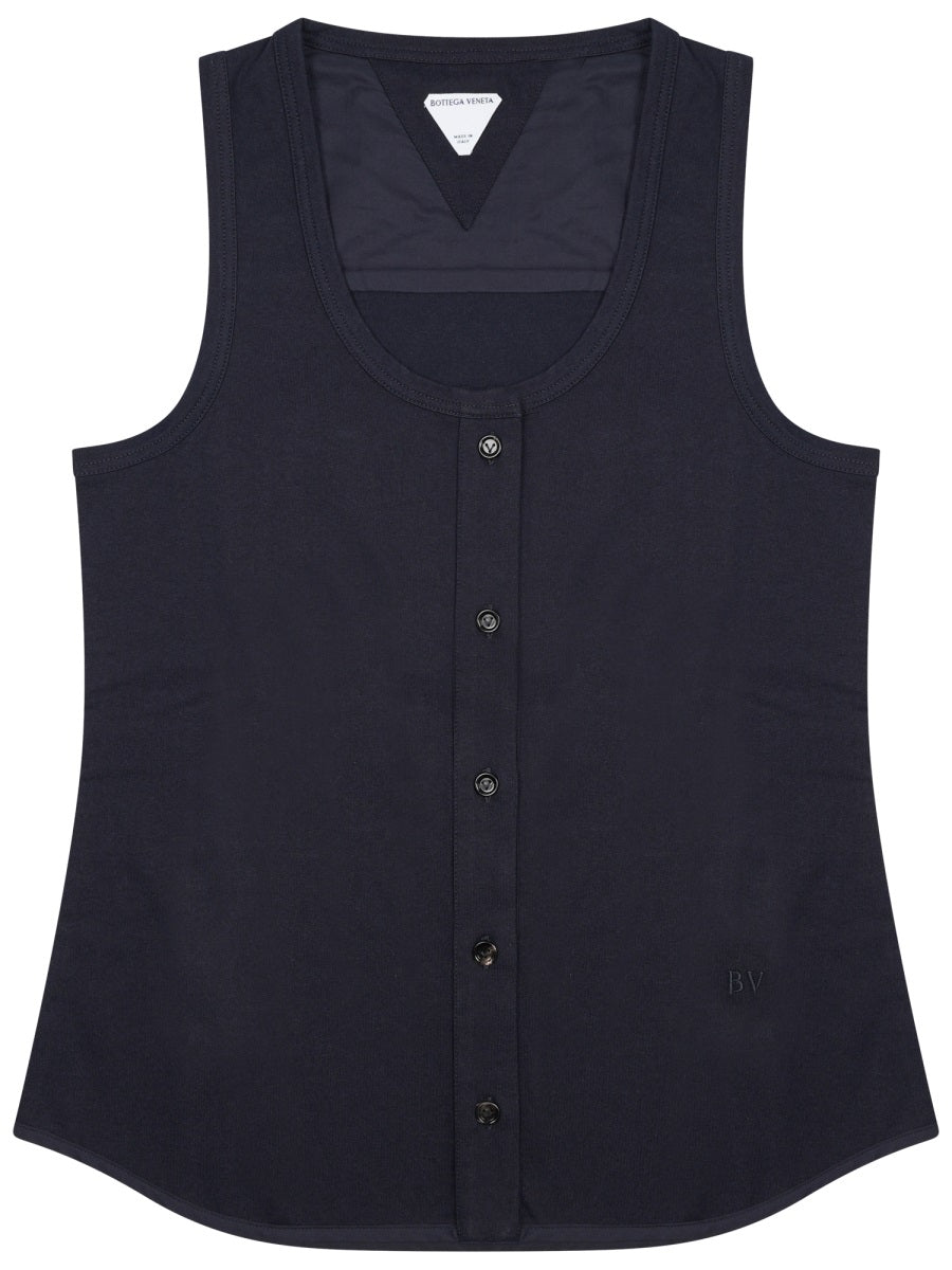 Blue sleeveless cotton blouse with button-front closure by Bottega Veneta, front view