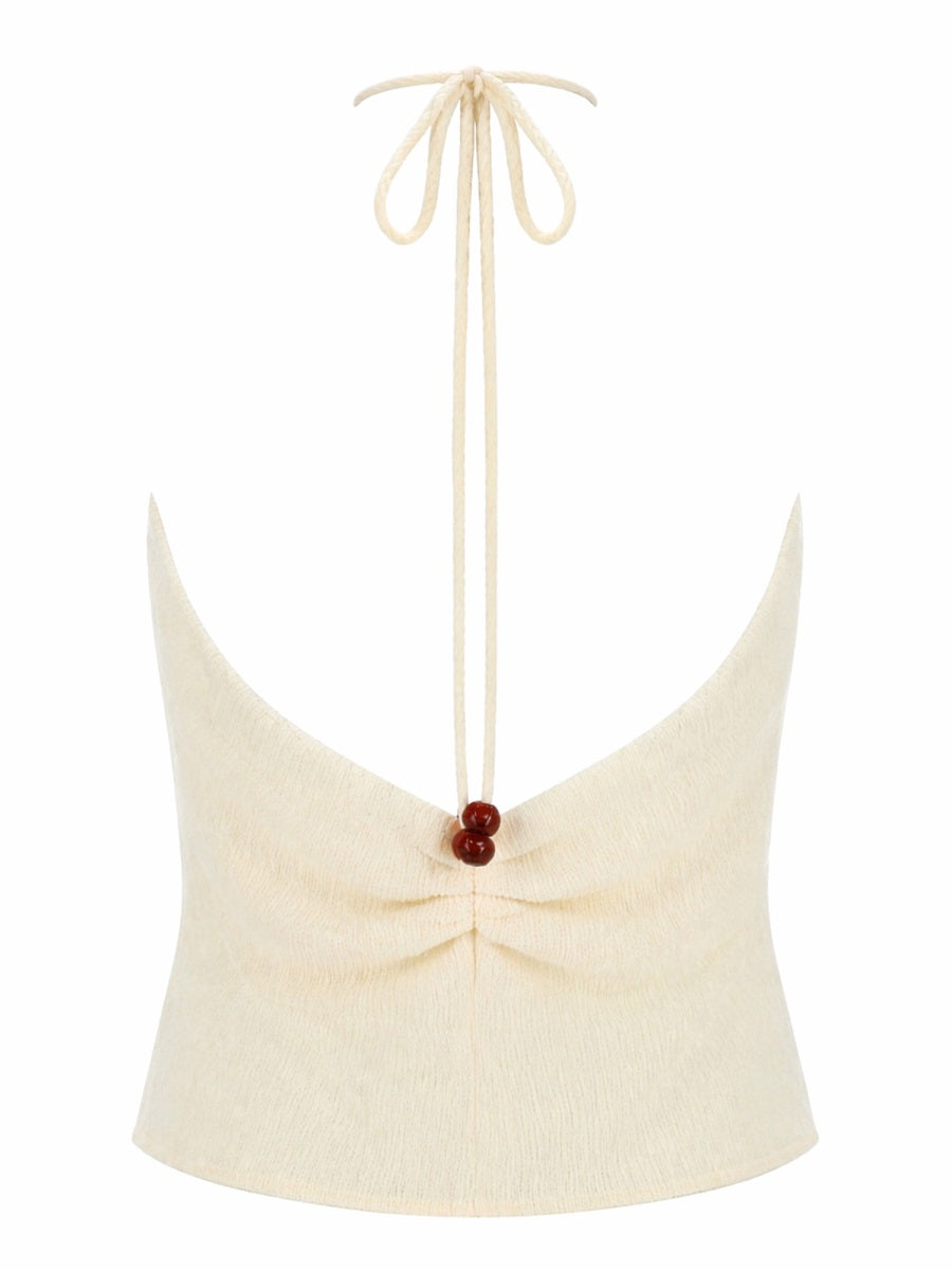 Ivory Magda Butrym halterneck top with beaded neckline detail, front view