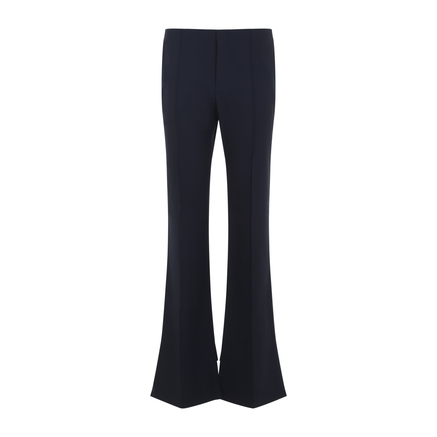 Black Chloé flare pants showing central pressed creases, side angle