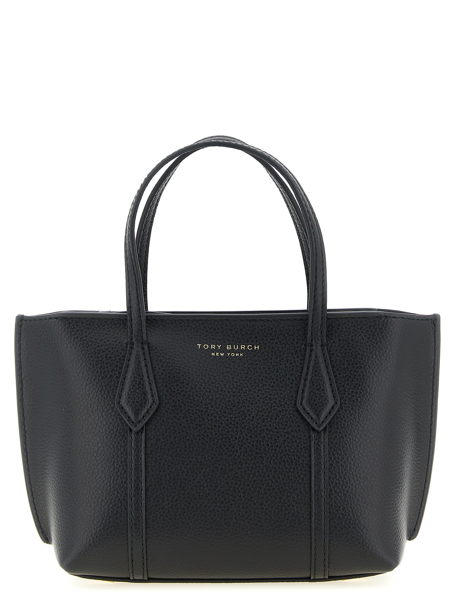 Black leather Perry mini handbag with gold logo by Tory Burch, front view