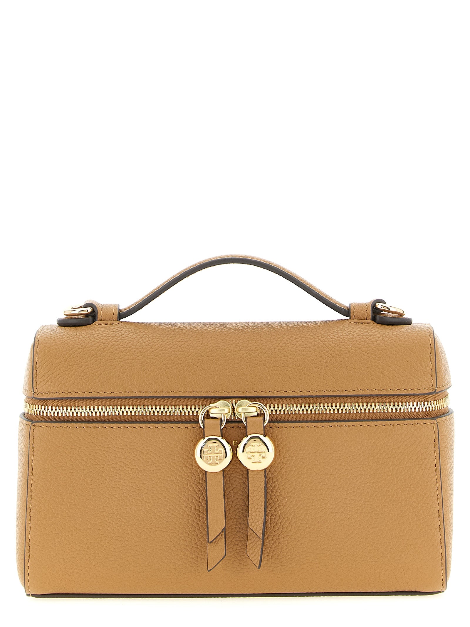 Brown Tory Burch Romy Slim crossbody bag with embossed logo, front view