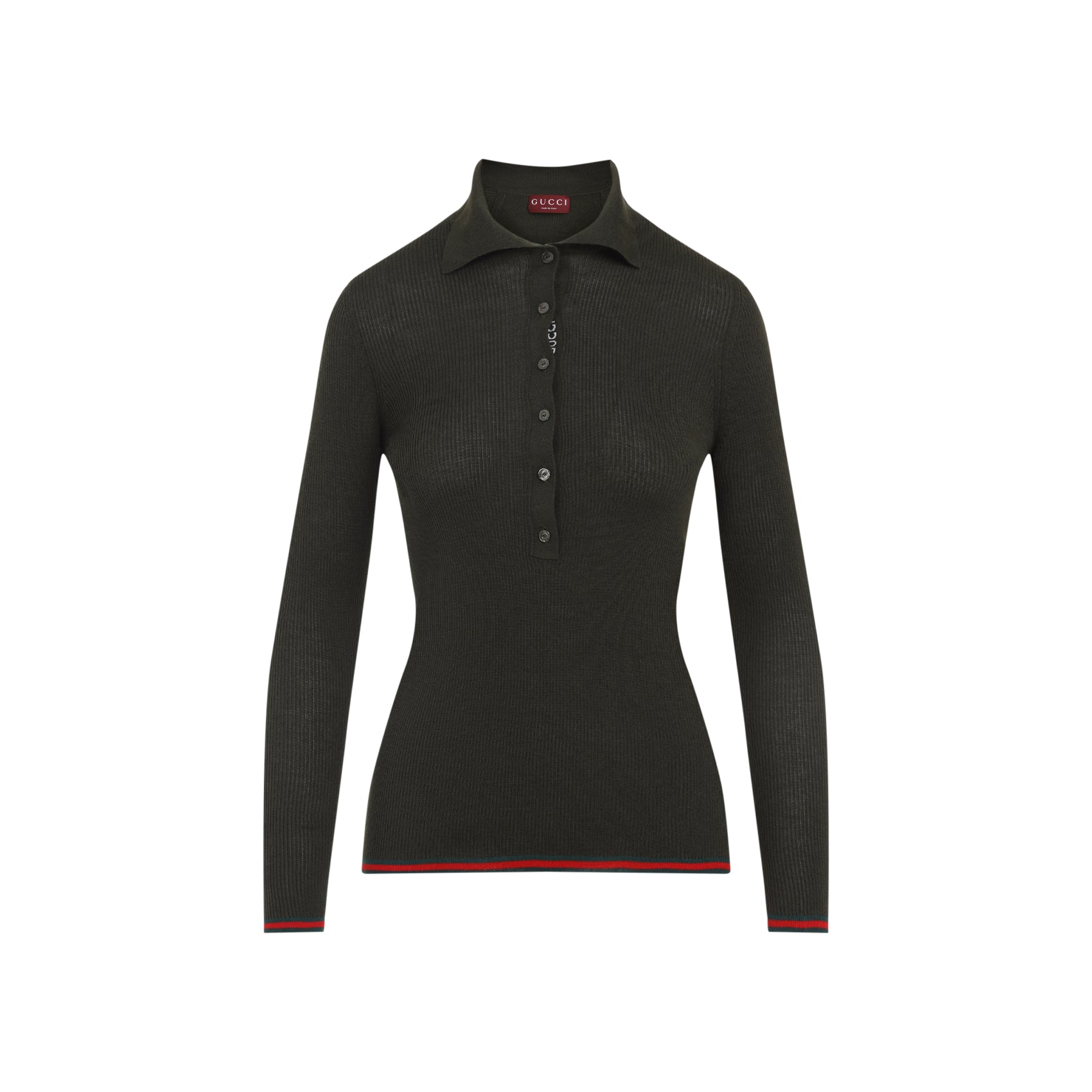 Forest green Gucci cashmere polo with Web stripe, back view