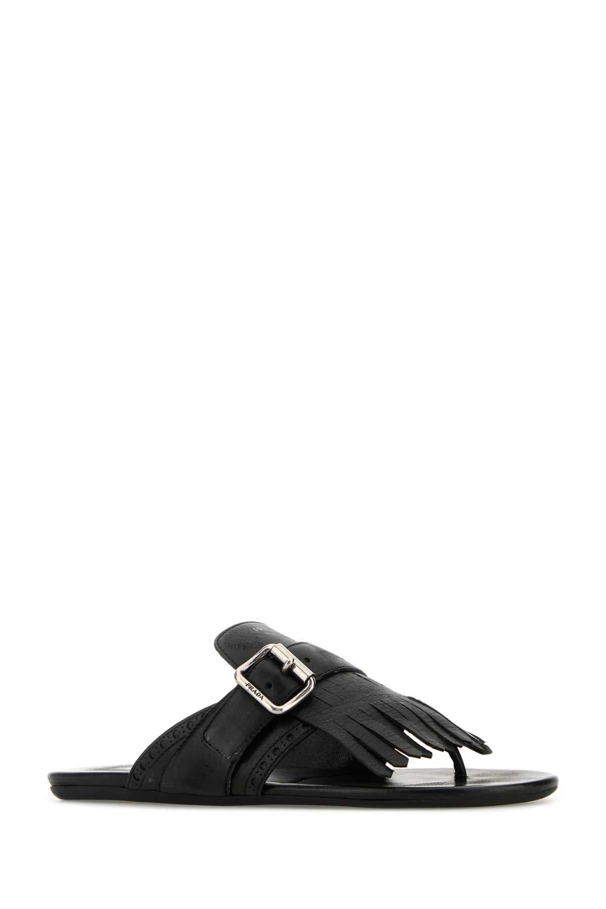 BLACK LEATHER SHUFFLE THONG SLIPPERS Prada