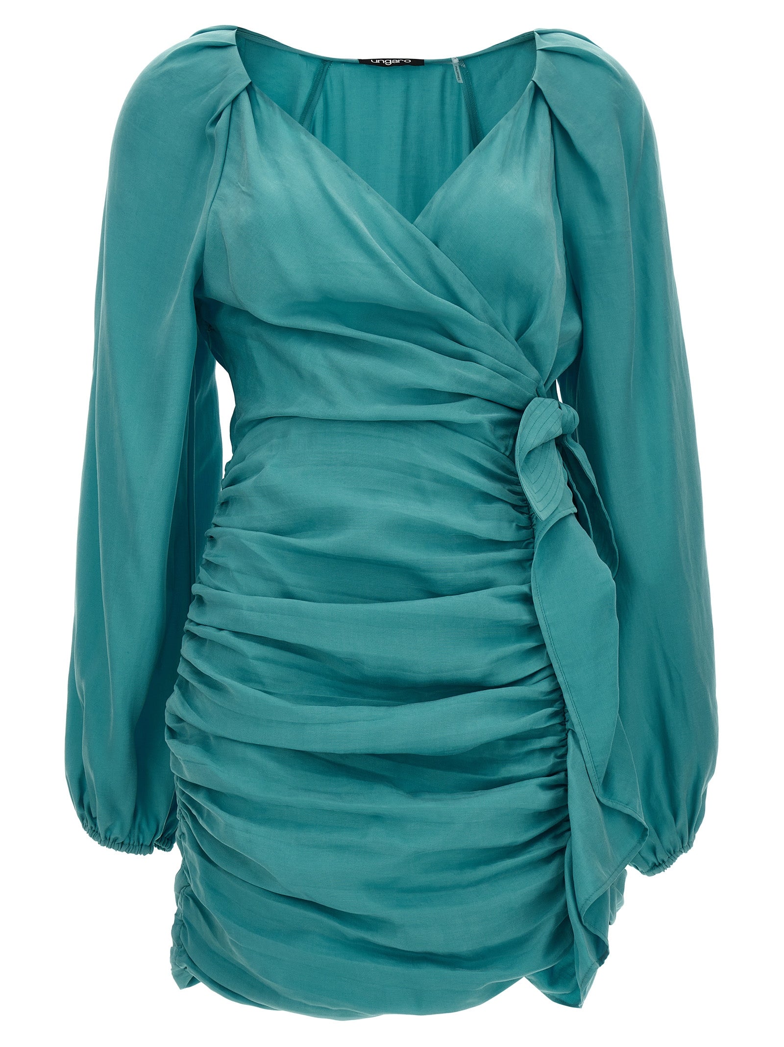 Turquoise Ungaro Dominique mini dress with V-neck and side knot, front view