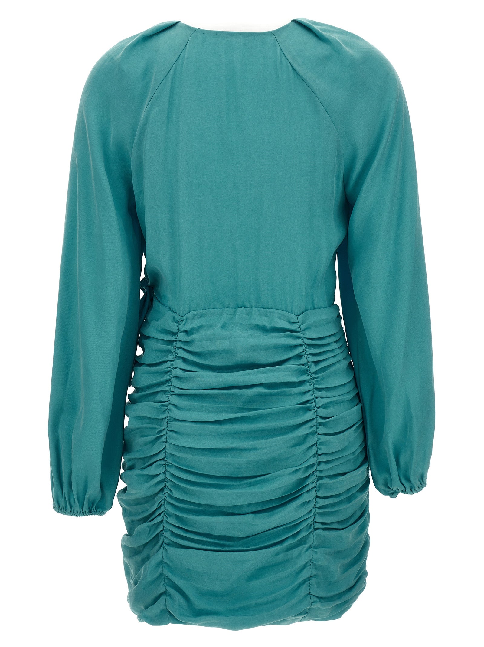Turquoise Ungaro Dominique mini dress with ruched bodice, side angle view