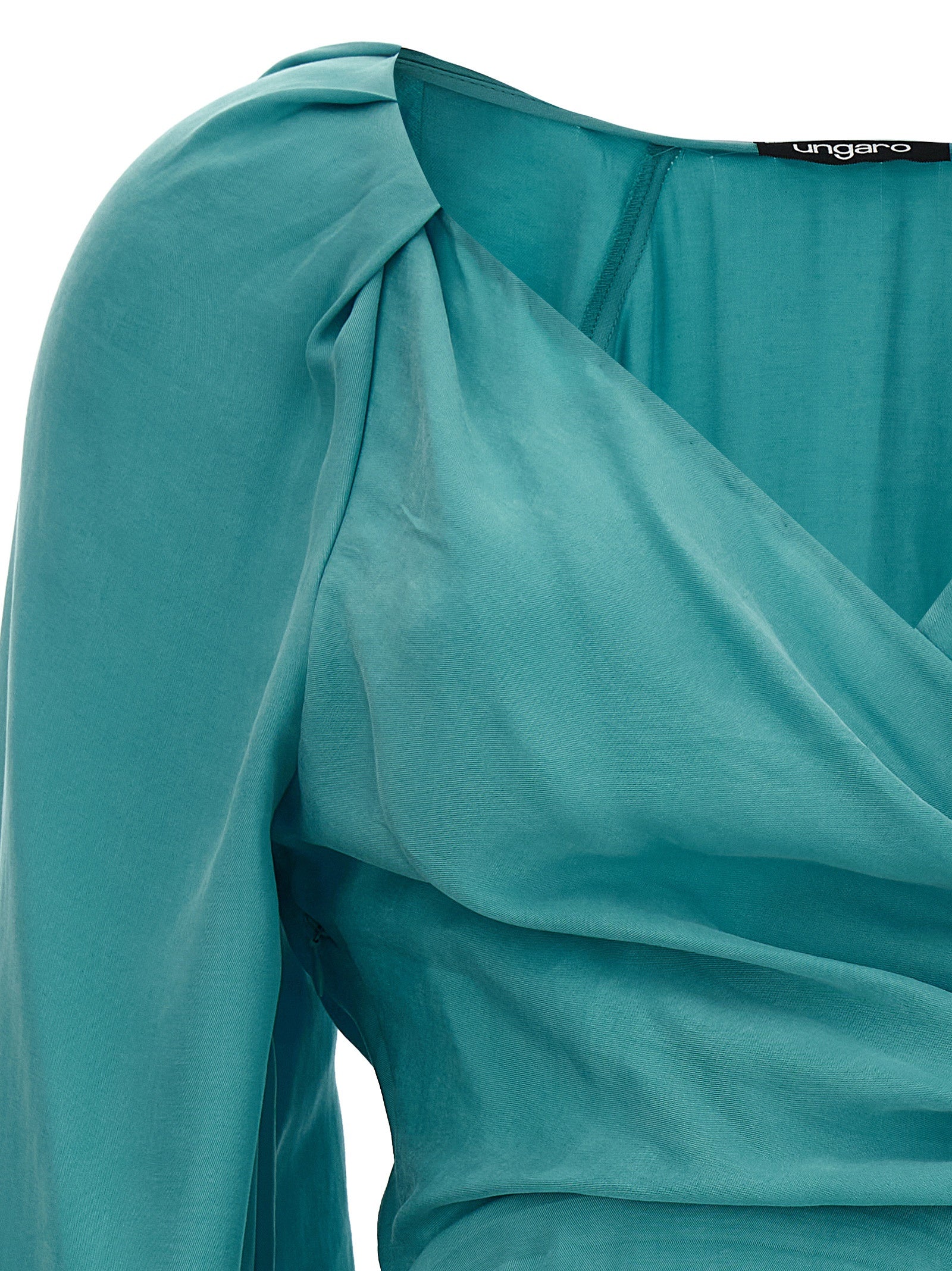 Turquoise Ungaro Dominique mini dress with long cuffed sleeves, back view