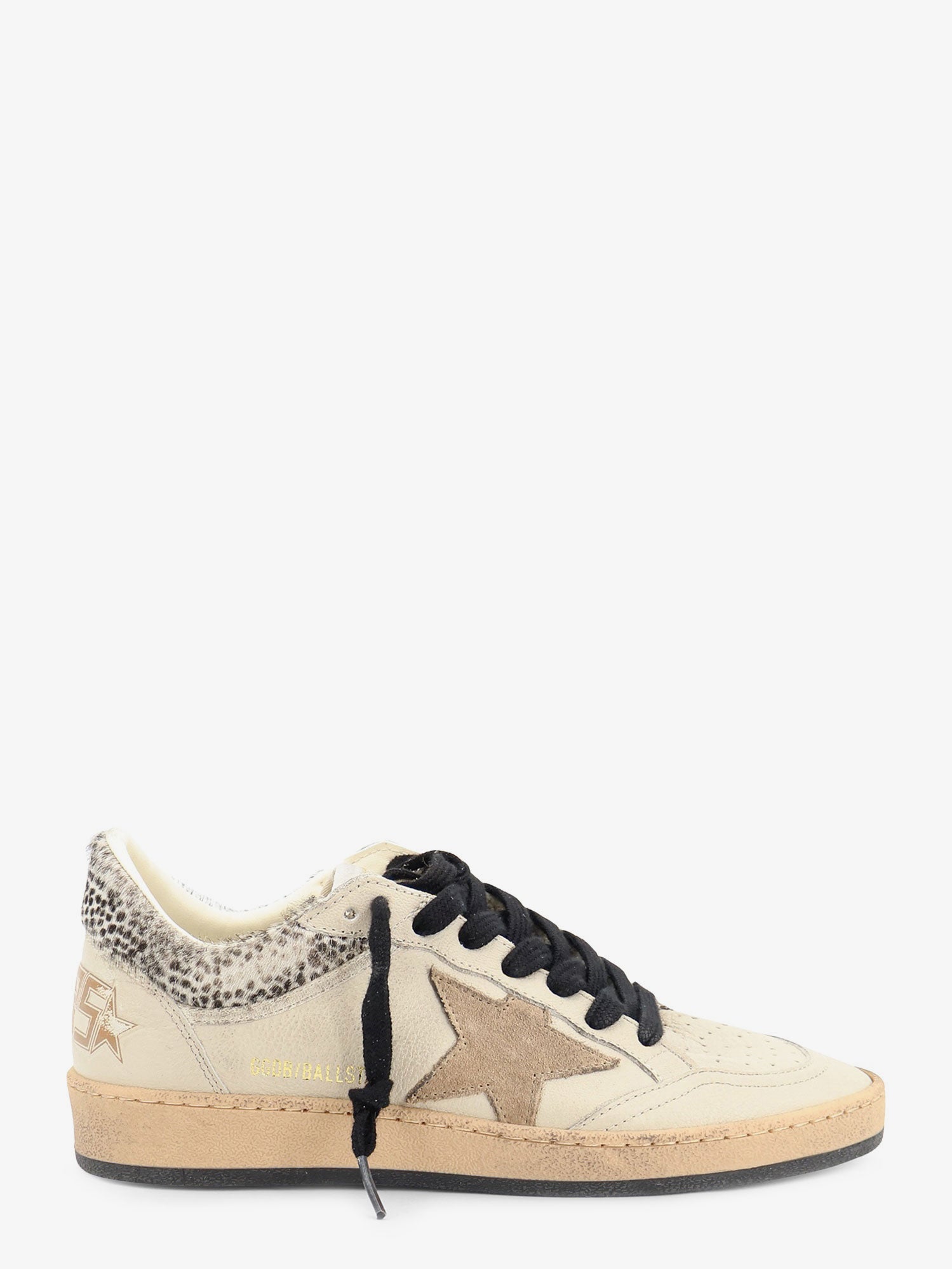 Beige leather Ballstar sneakers by Golden Goose, side view with logo