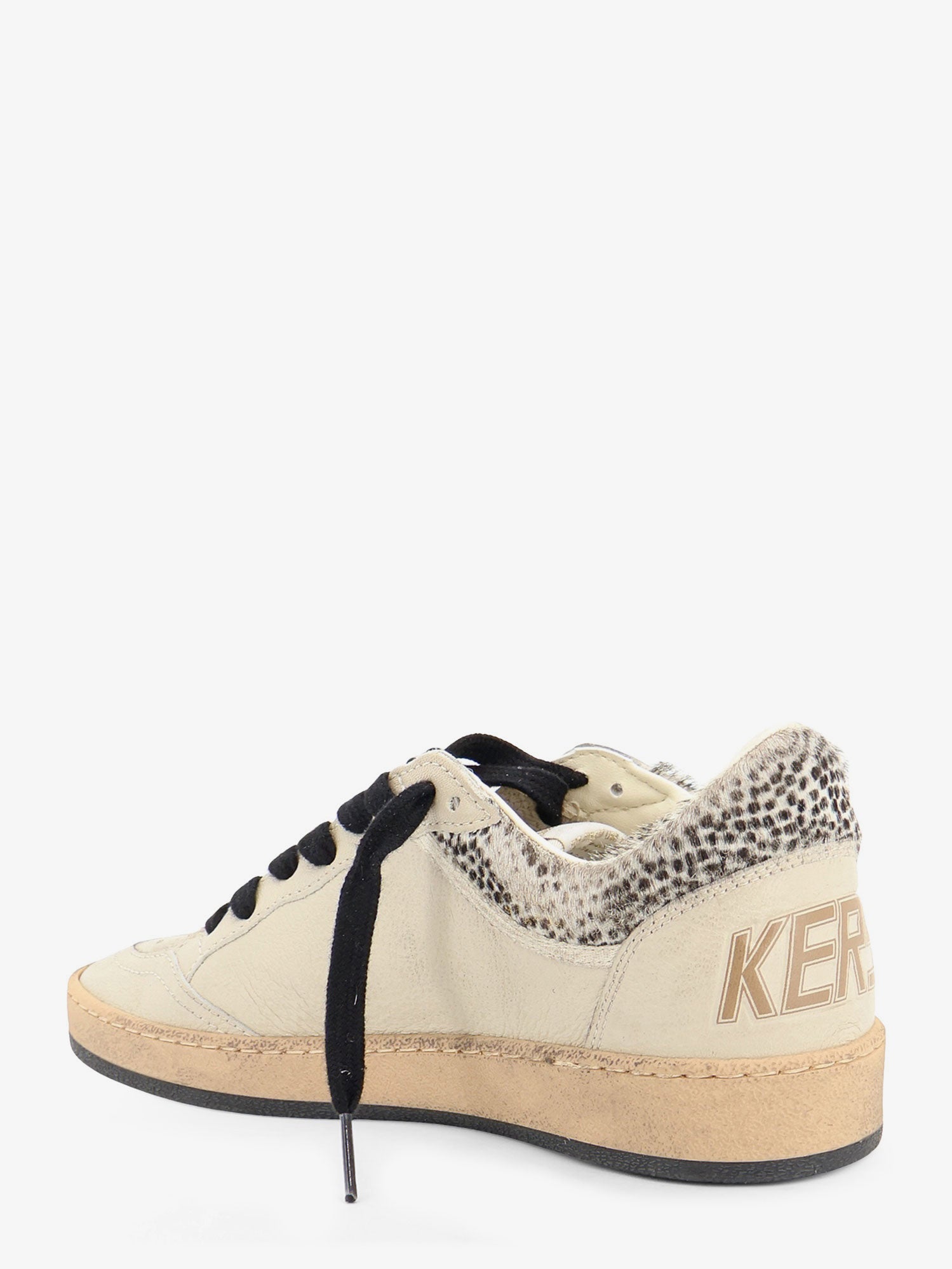 Beige leather low-top sneakers by Golden Goose, rear view with branded heel counter