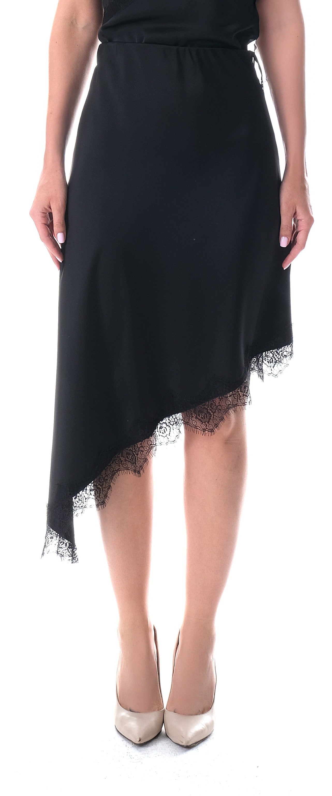 Black satin midi skirt on model showing asymmetric hemline by Lord & Taylor Heritage
