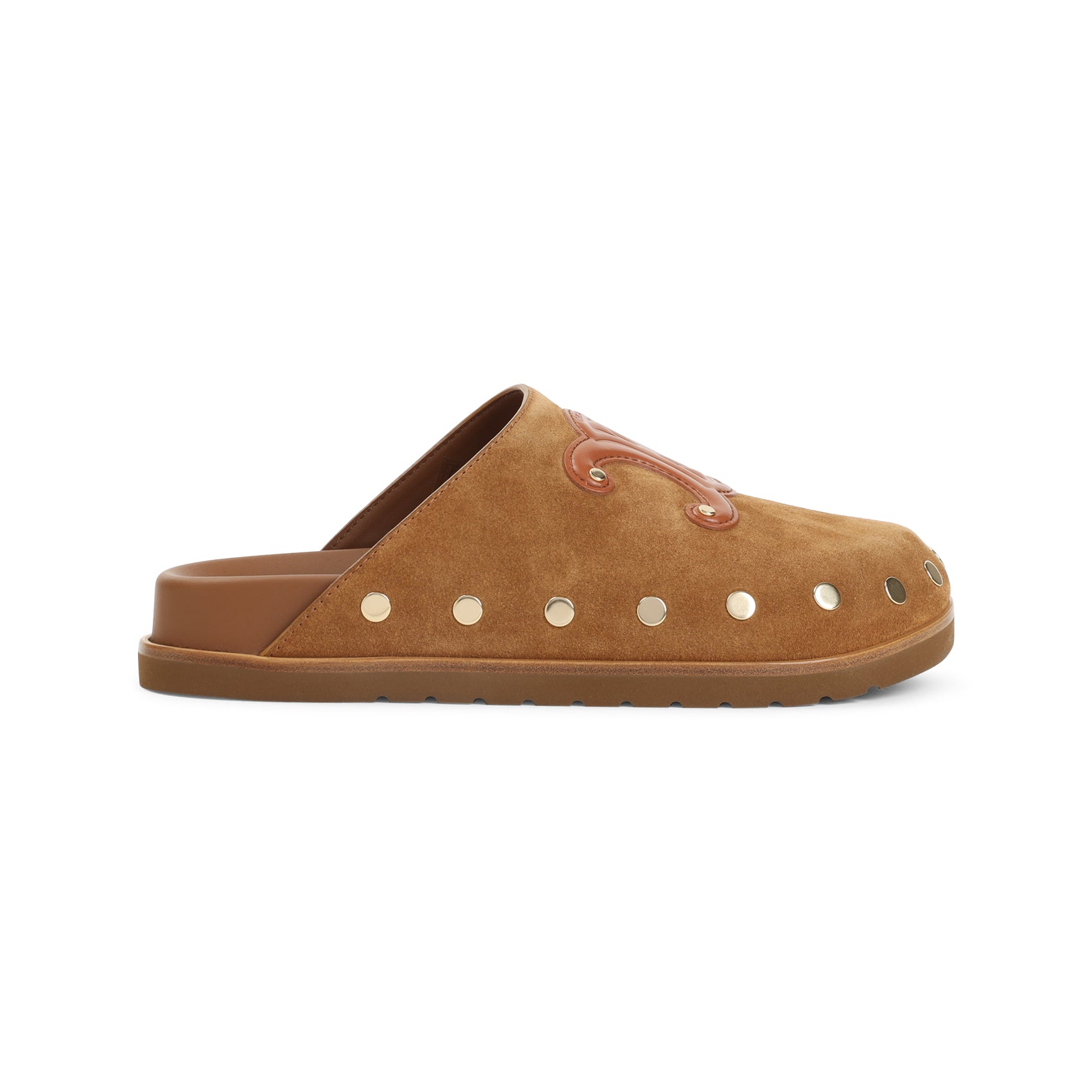 Brown suede Celine Triomphe wedge mules, front angle view