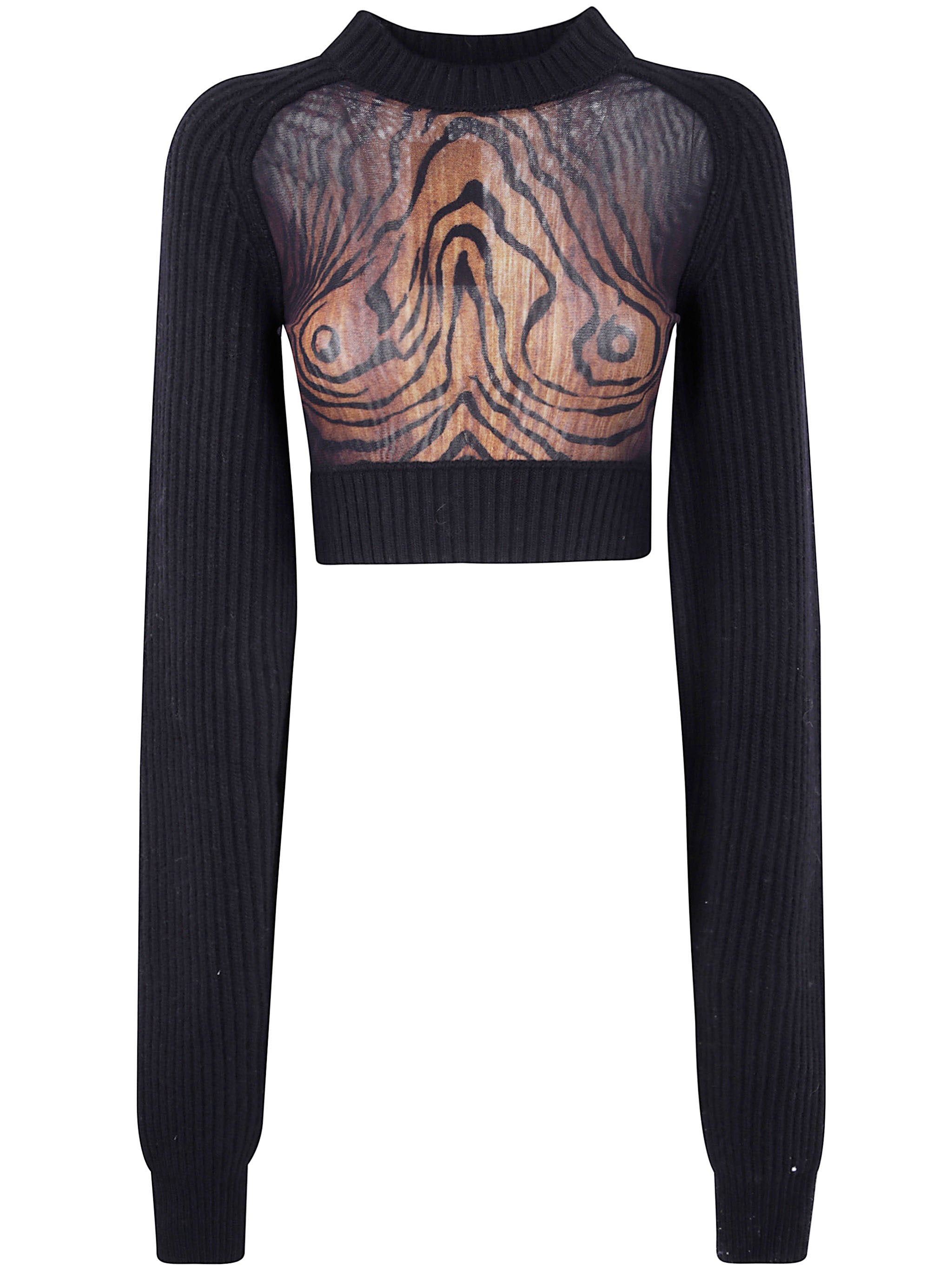 LAMBSWOOL RIBBED LONG SLEEVES CROPPED SWEATER WITH PRINTED MESH CUT OUT DETAILS JEAN PAUL GAULTIER BLACK XS