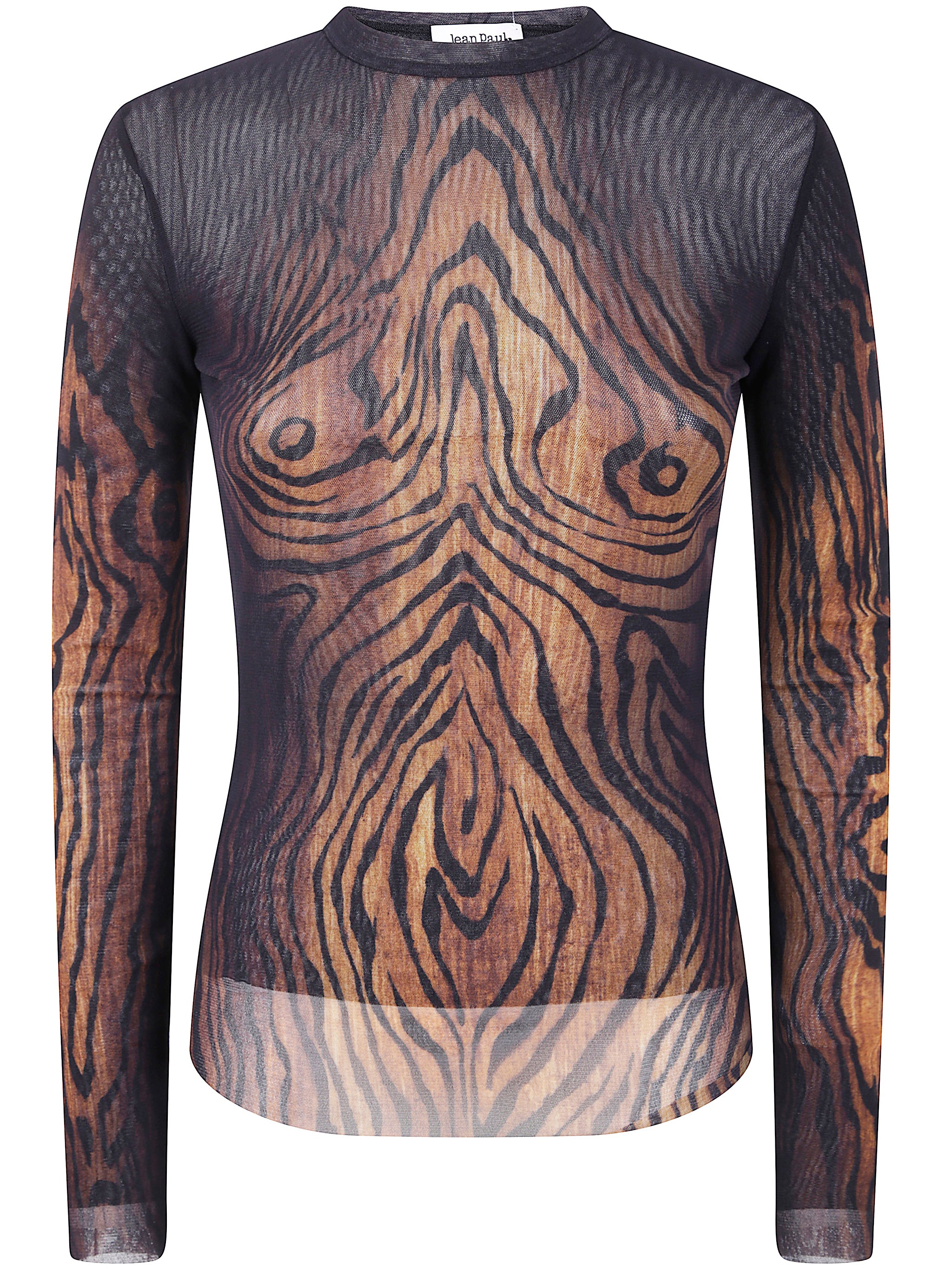 MESH LONG SLEEVES TOP PRINTED "WOOD" JEAN PAUL GAULTIER BLACK XS