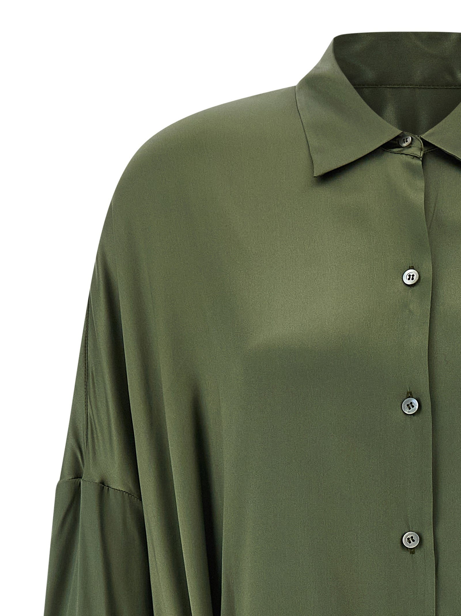 Green silk satin shirt dress with long sleeves and cuffs by Dries Van Noten, back view
