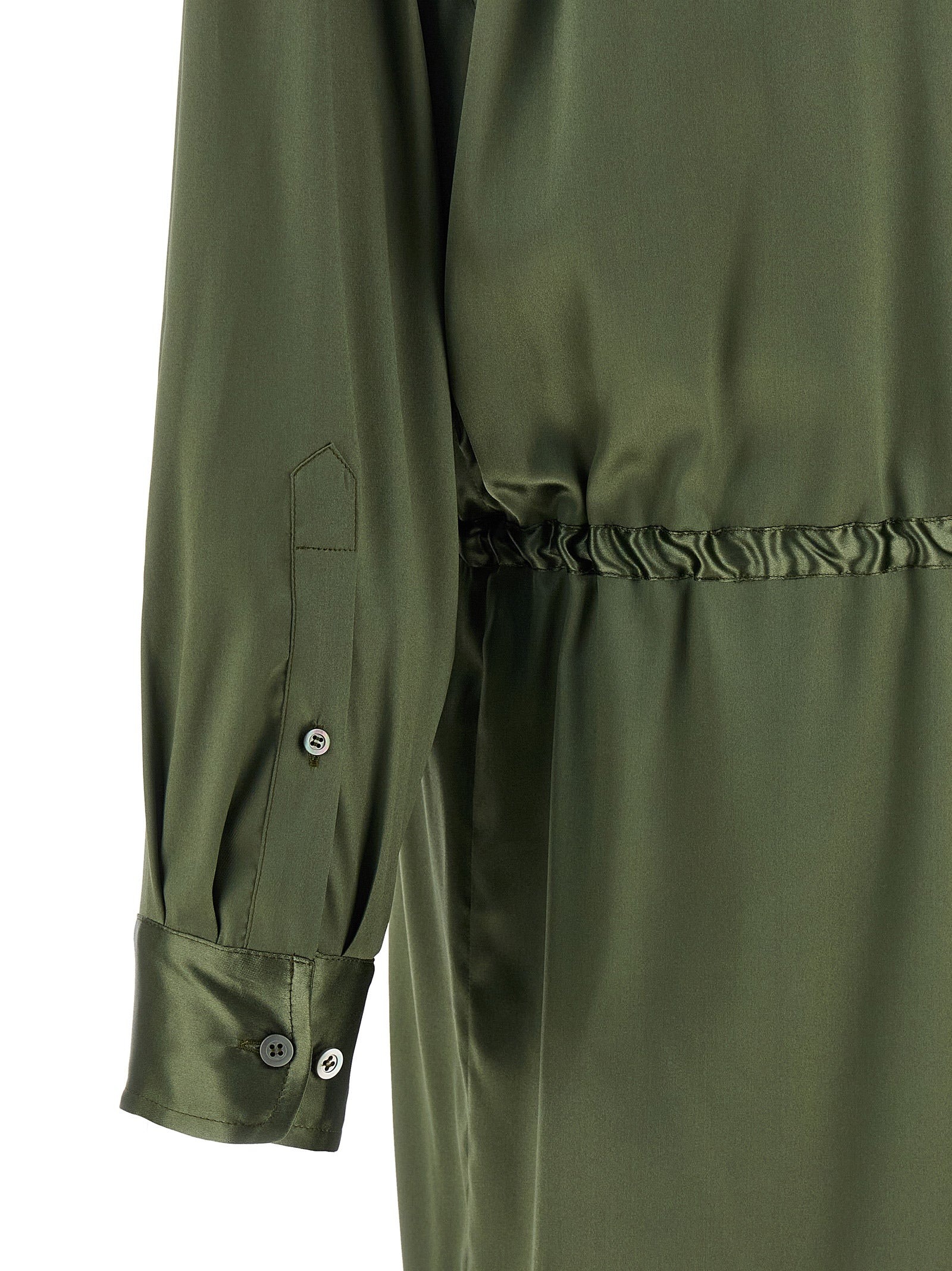 Green Dries Van Noten Dinidia dress detail showing shirt collar and button front