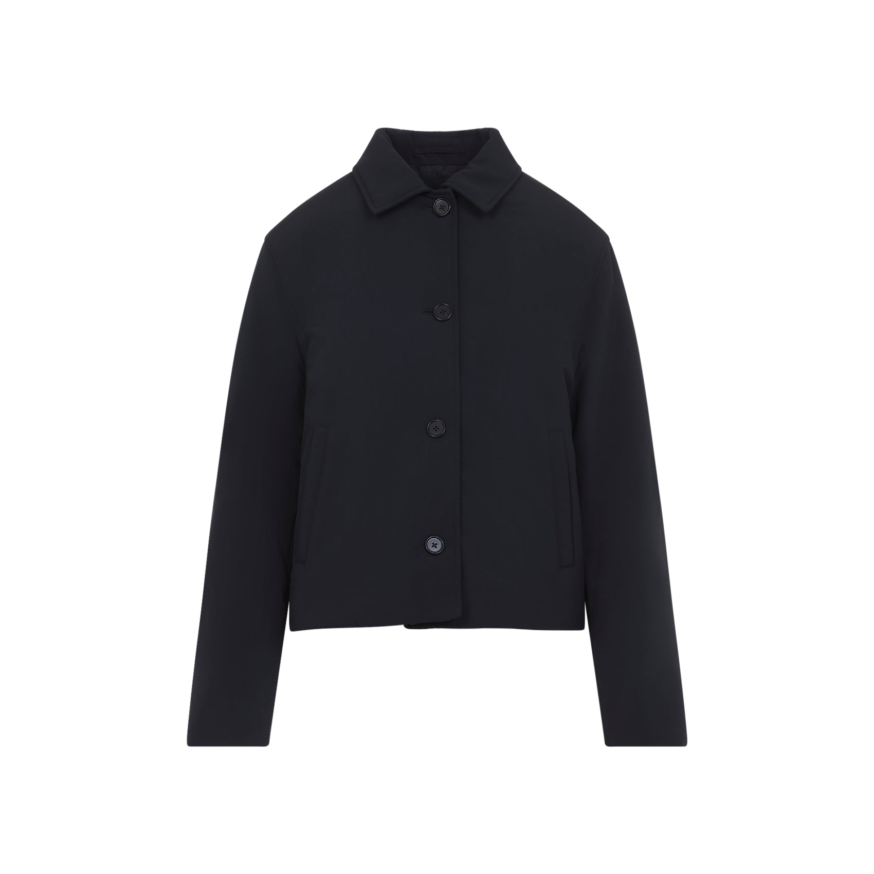 Midnight blue Jil Sander cropped blazer, side view showing cropped length
