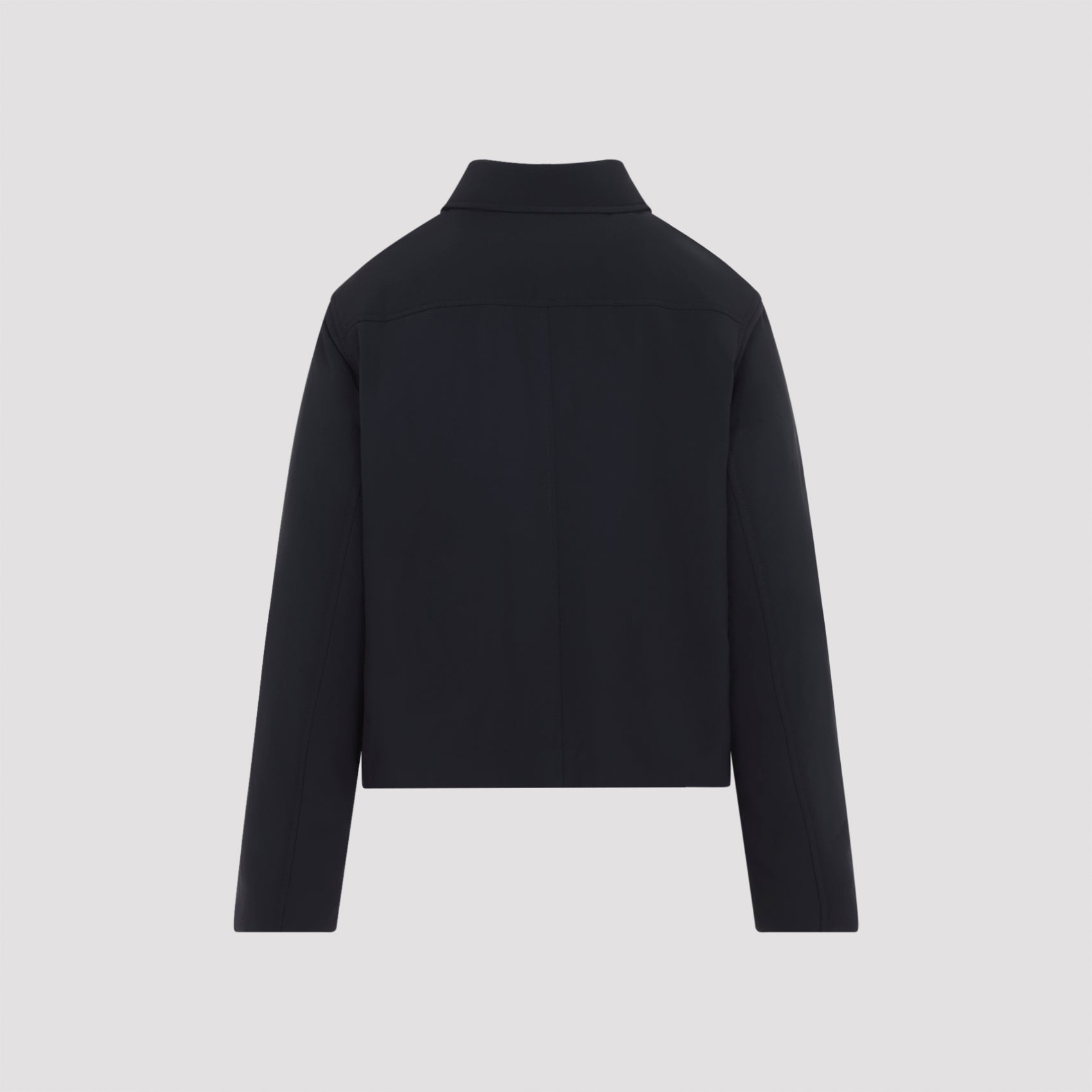 Midnight blue Jil Sander cropped blazer, detail of pointed collar and concealed closure