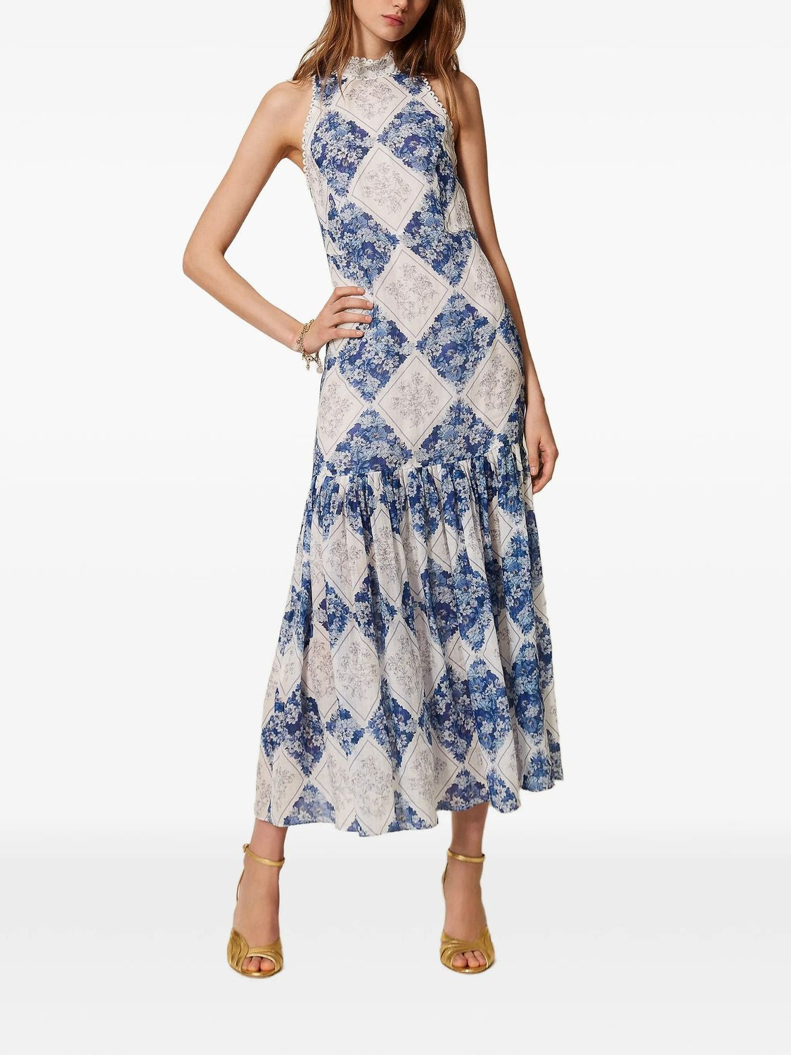 Blue and white floral print maxi dress by Twin-Set, alternate angle
