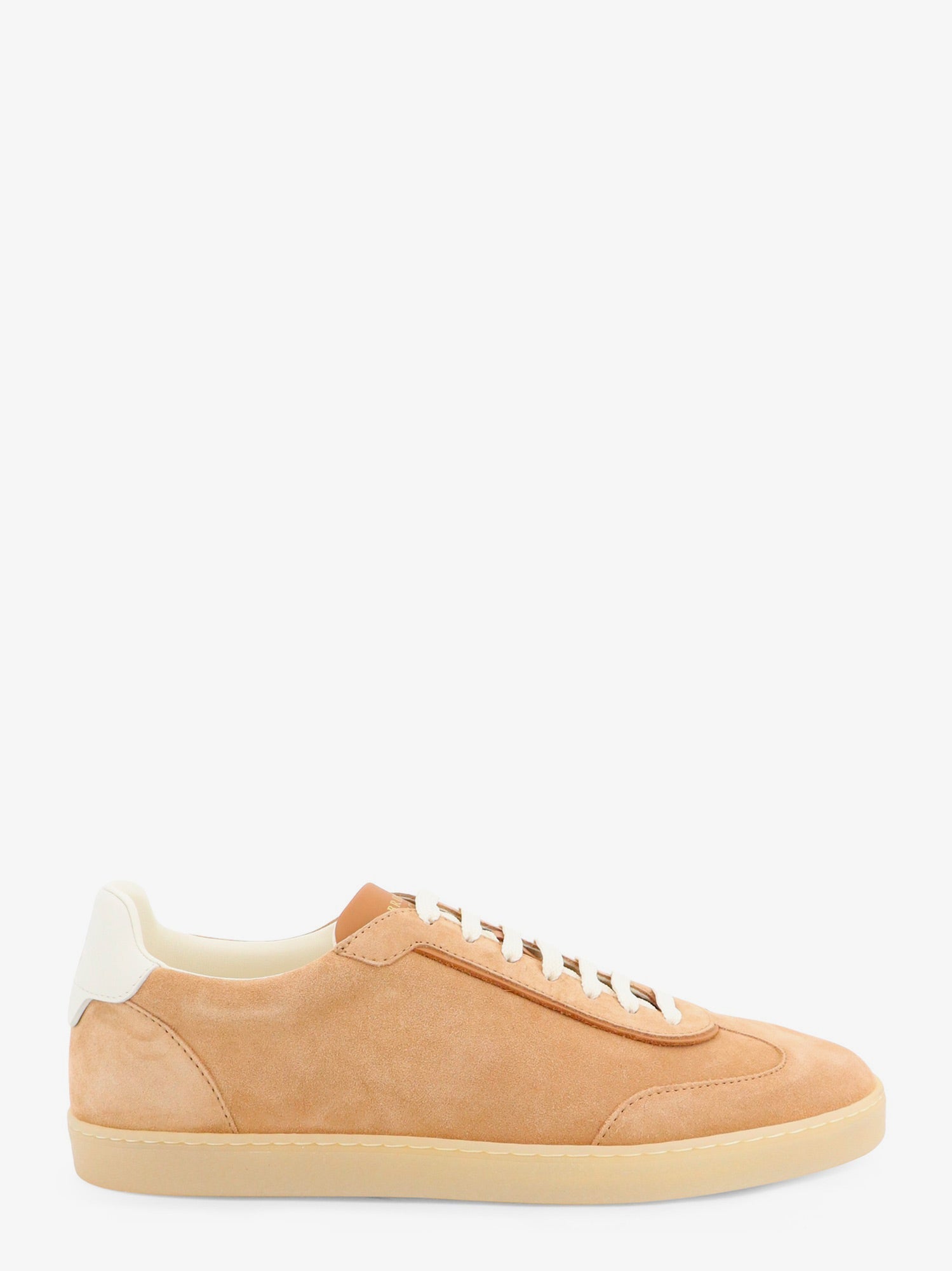Beige suede and leather low-top sneakers by Brunello Cucinelli, side view