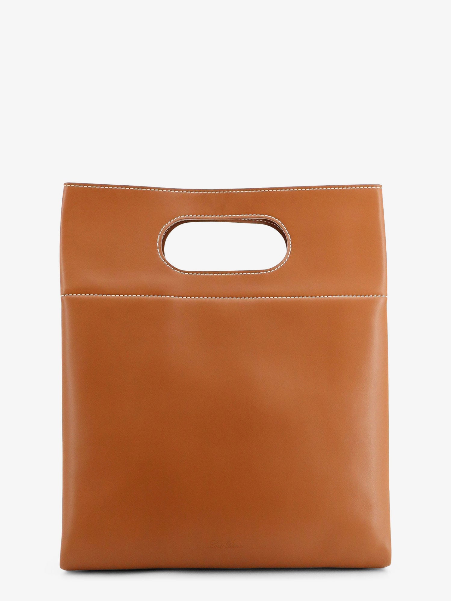 Brown Loro Piana tote bag showing contrasting stitching detail, side angle