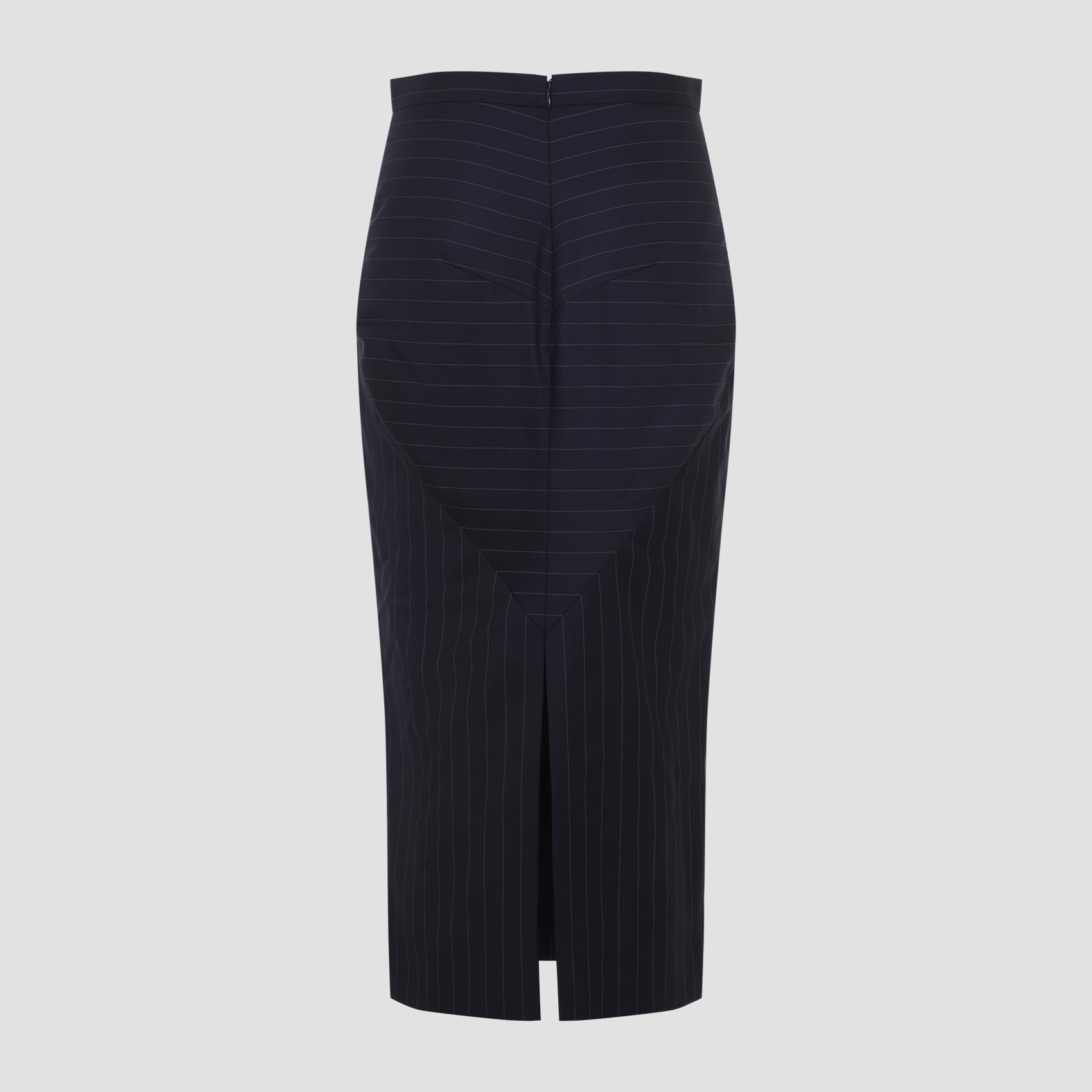 Dark navy Givenchy pinstriped wool midi skirt, detail view of pinstripe pattern