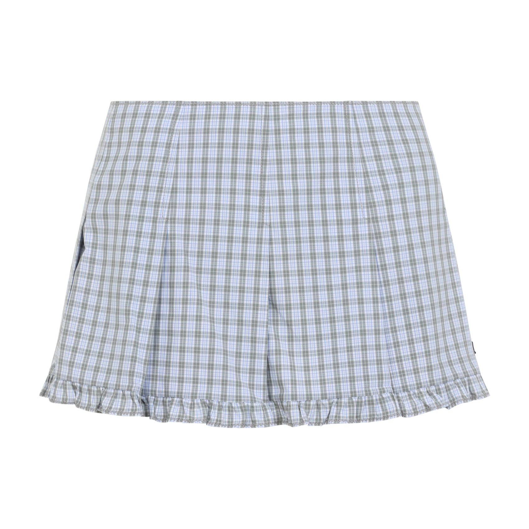 White checked Miu Miu mini skirt with flounced hem, side view