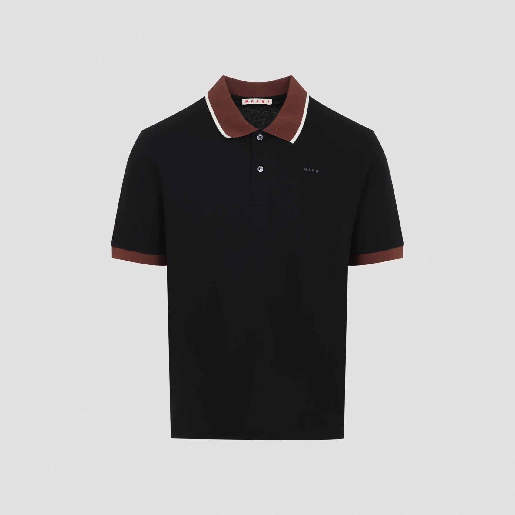 Black cotton piqué polo with tobacco-brown trim, front view by Marni