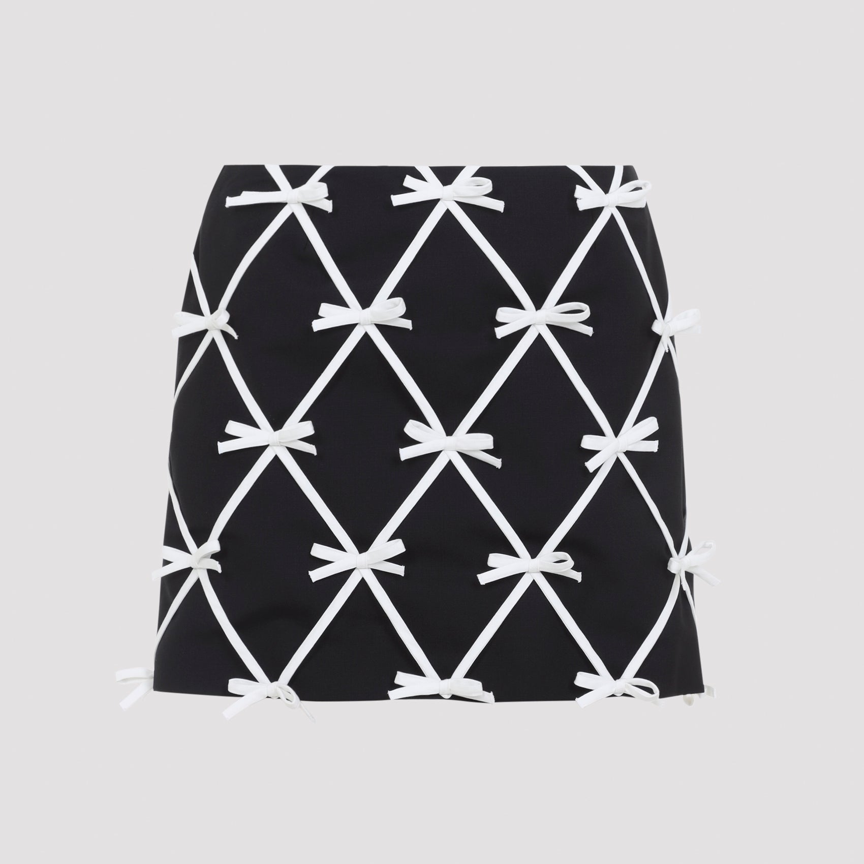 Black Moschino virgin wool mini skirt with contrasting ribbon lattice, back view
