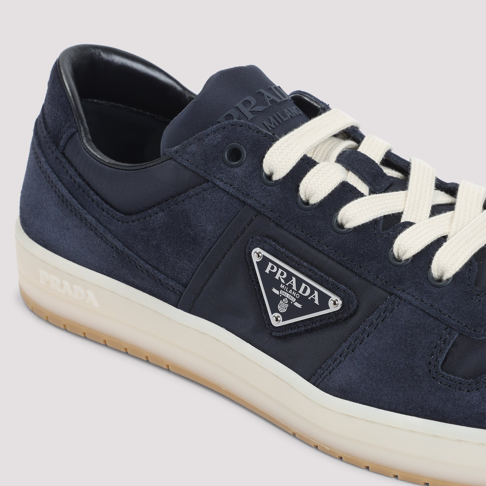 NAVY BLUE CANVAS AND SUEDE DOWNTOWN SNEAKERS Prada