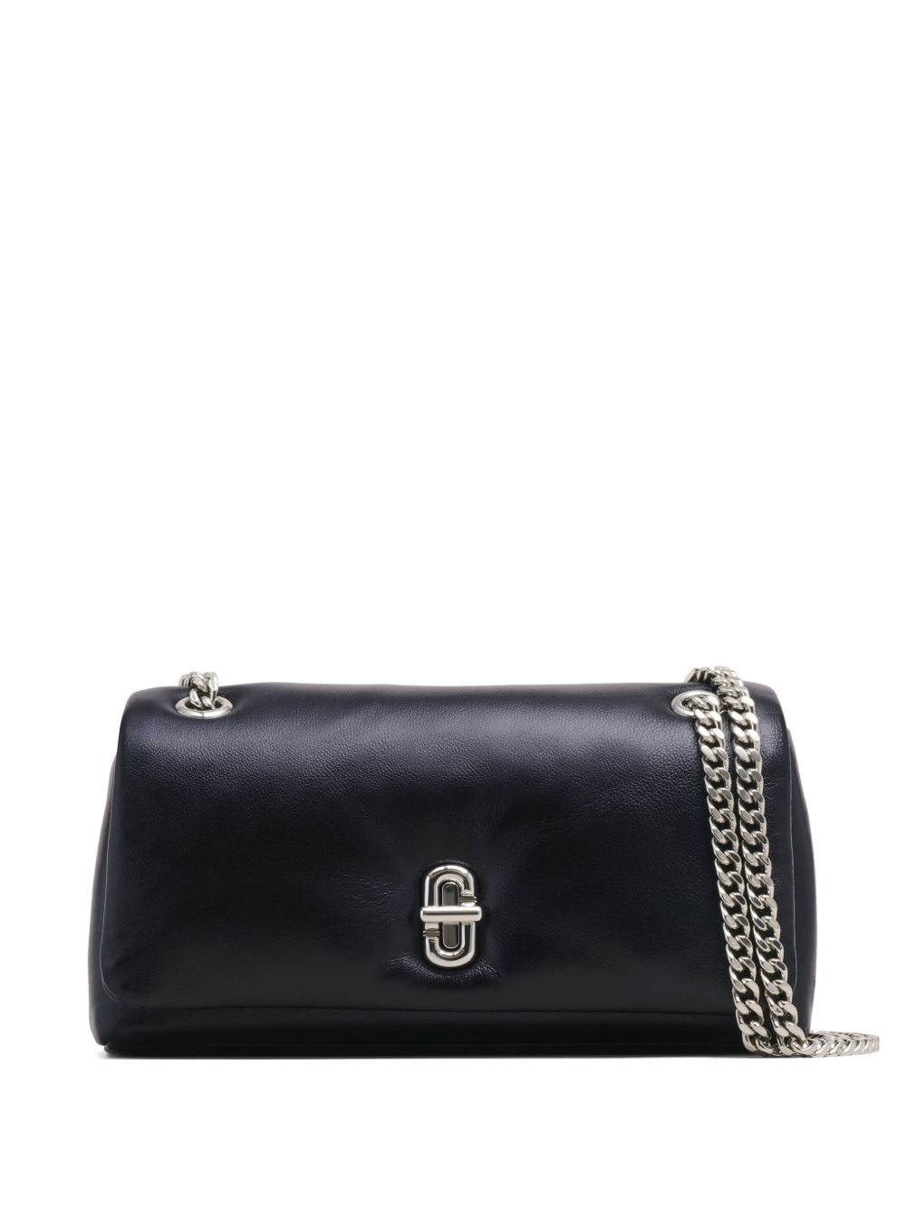 Black leather mini bag with chain strap by Marc Jacobs, front view