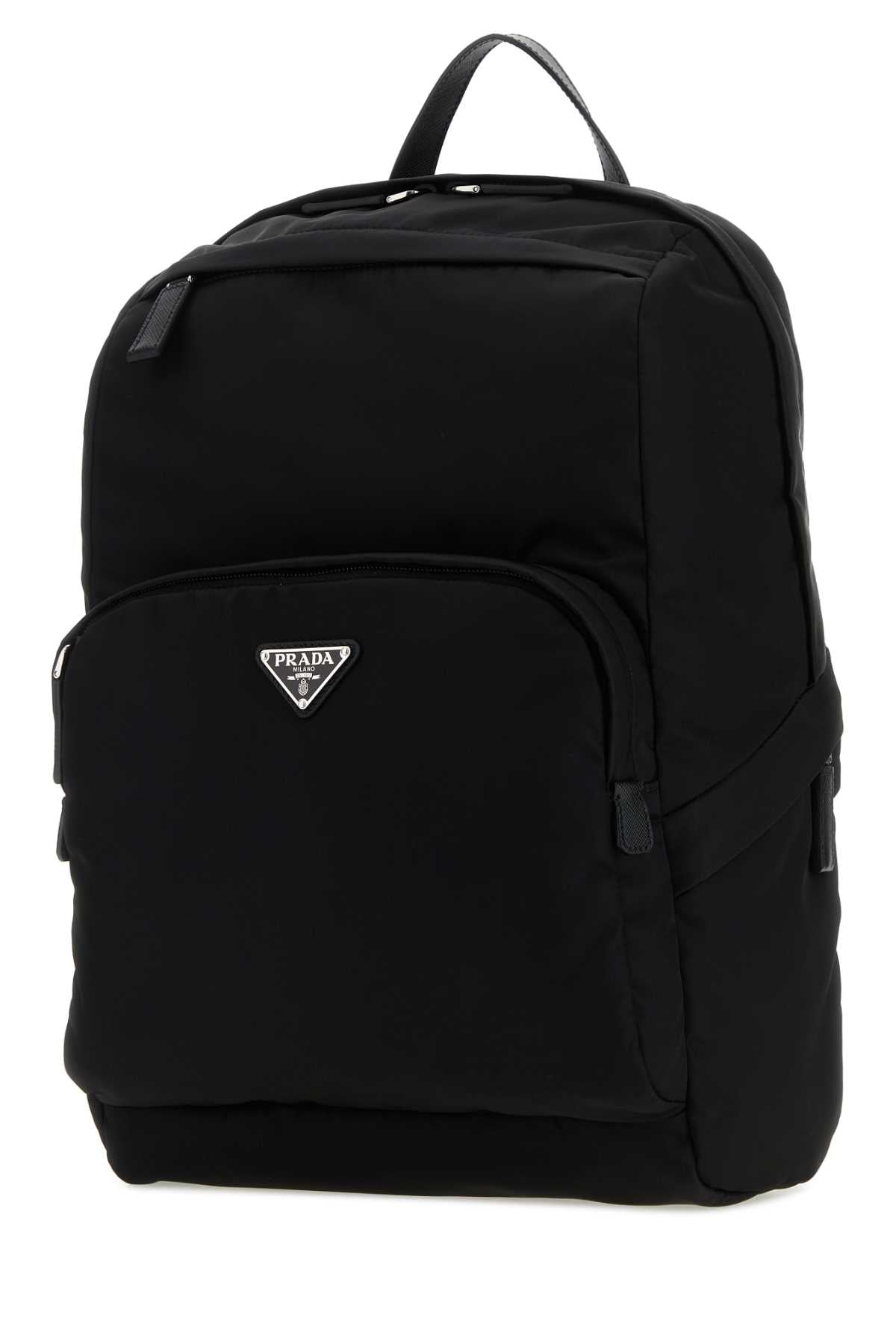 BLACK RE-NYLON AND LEATHER BACKPACK Prada