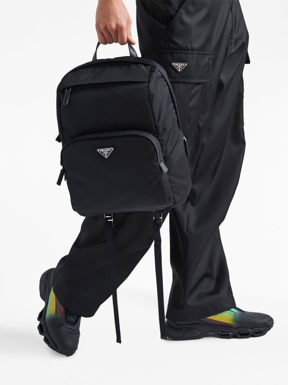 BLACK RE-NYLON AND LEATHER BACKPACK Prada