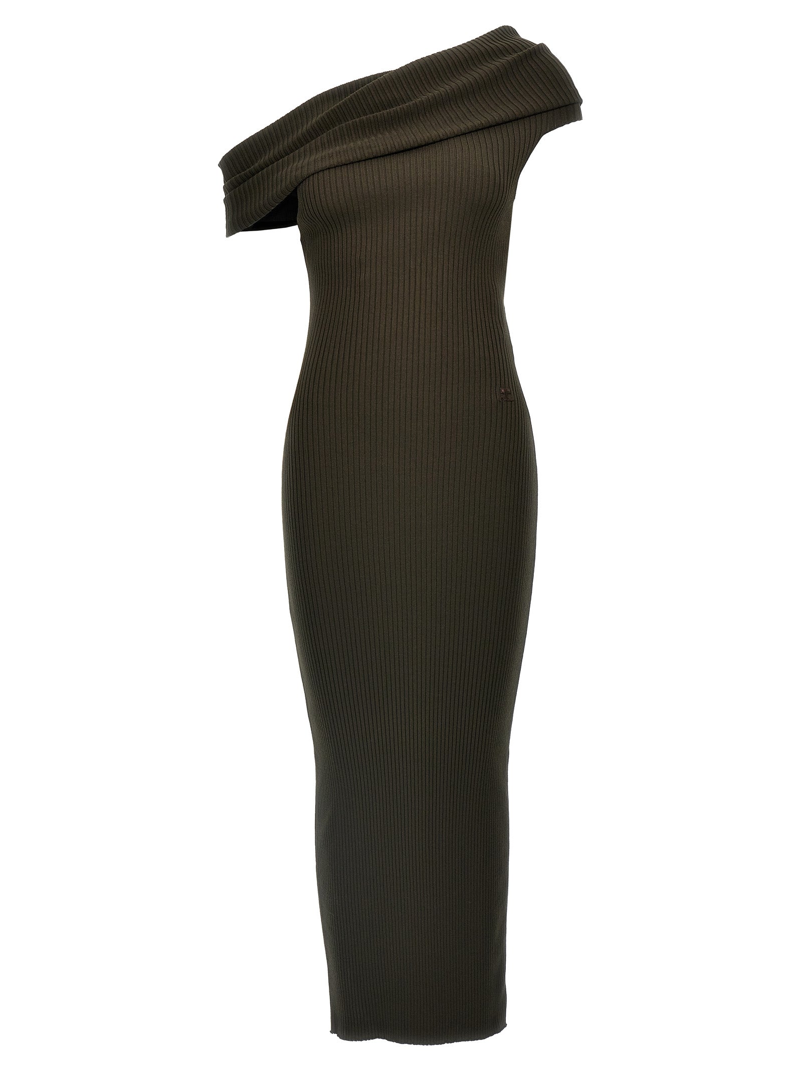 Brown one-shoulder ribbed midi dress with twisted detail, front view by Courrèges