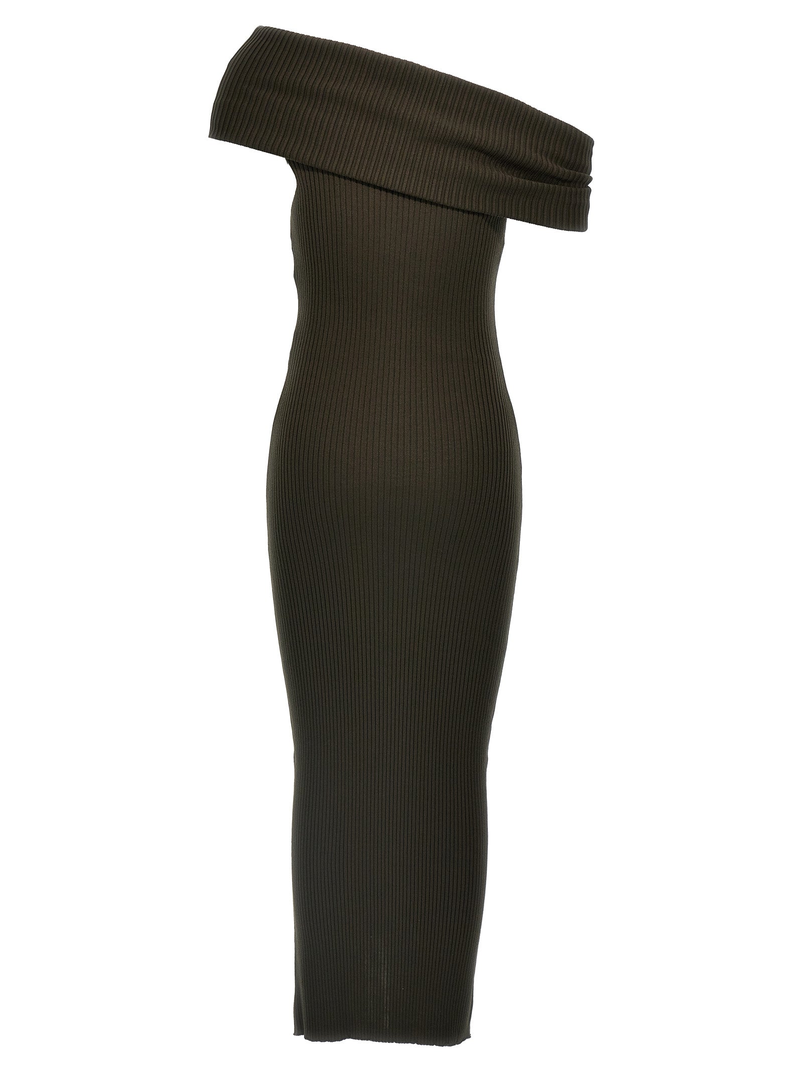 Brown Courrèges ribbed knit midi dress, side view showing one-shoulder construction