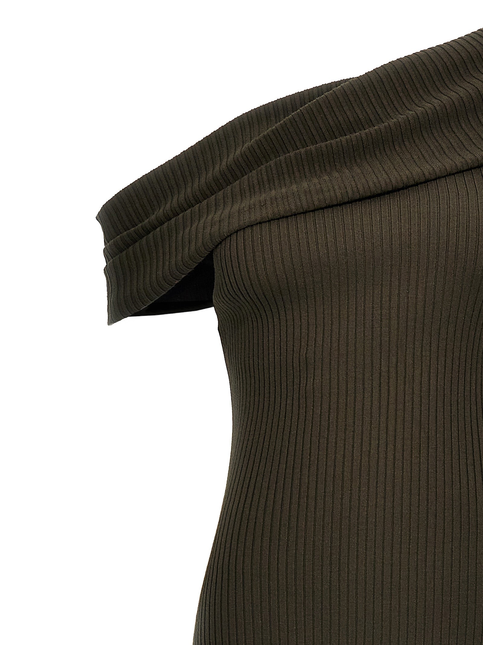 Brown sleeveless midi dress by Courrèges, back view with twisted shoulder detail