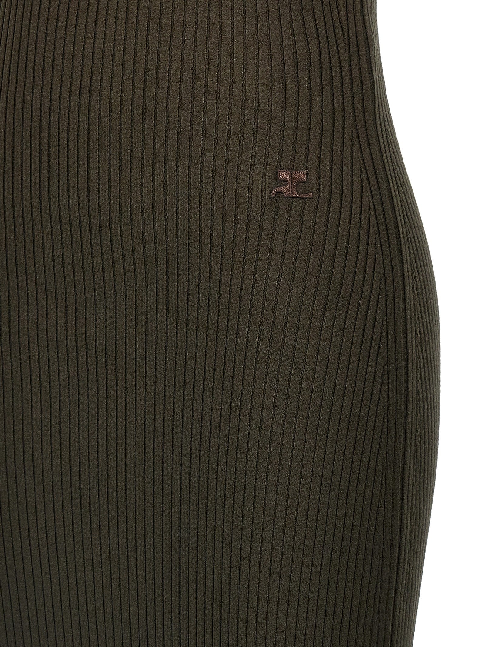 Brown ribbed knit dress by Courrèges, detail view of logo embroidery and fabric texture